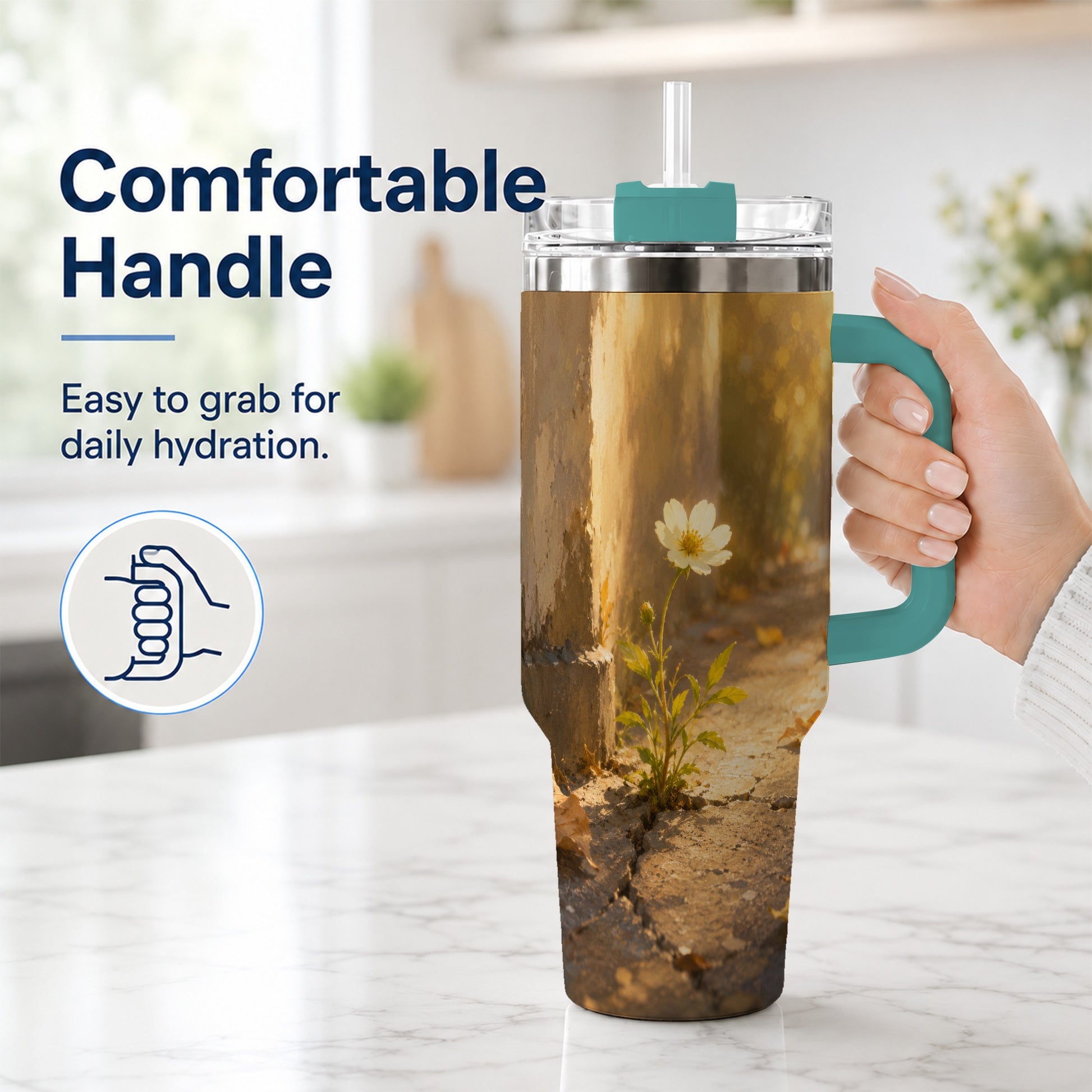 #pl[40oz|Green] Resilient White Flower 40oz Tumbler with Handle, Hopeful Nature Art