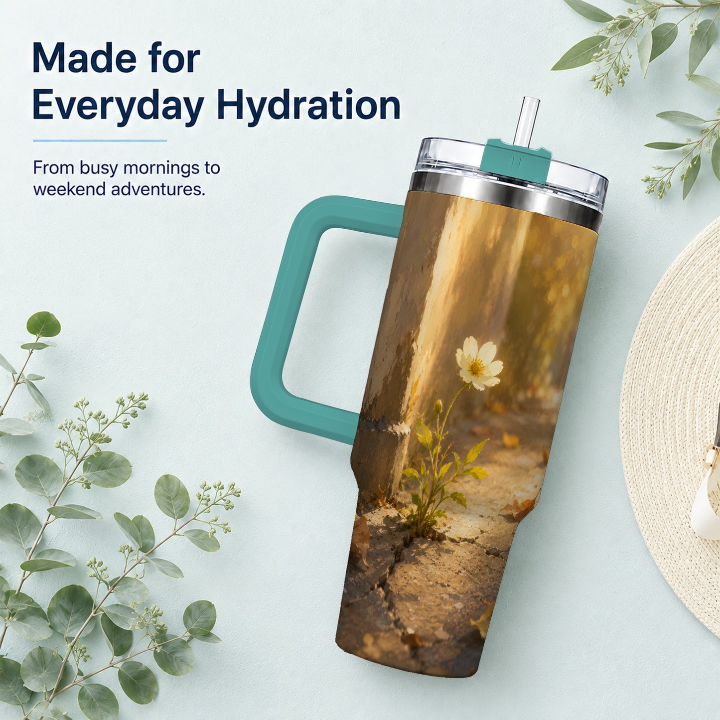 #pl[40oz|Green] Resilient White Flower 40oz Tumbler with Handle, Hopeful Nature Art