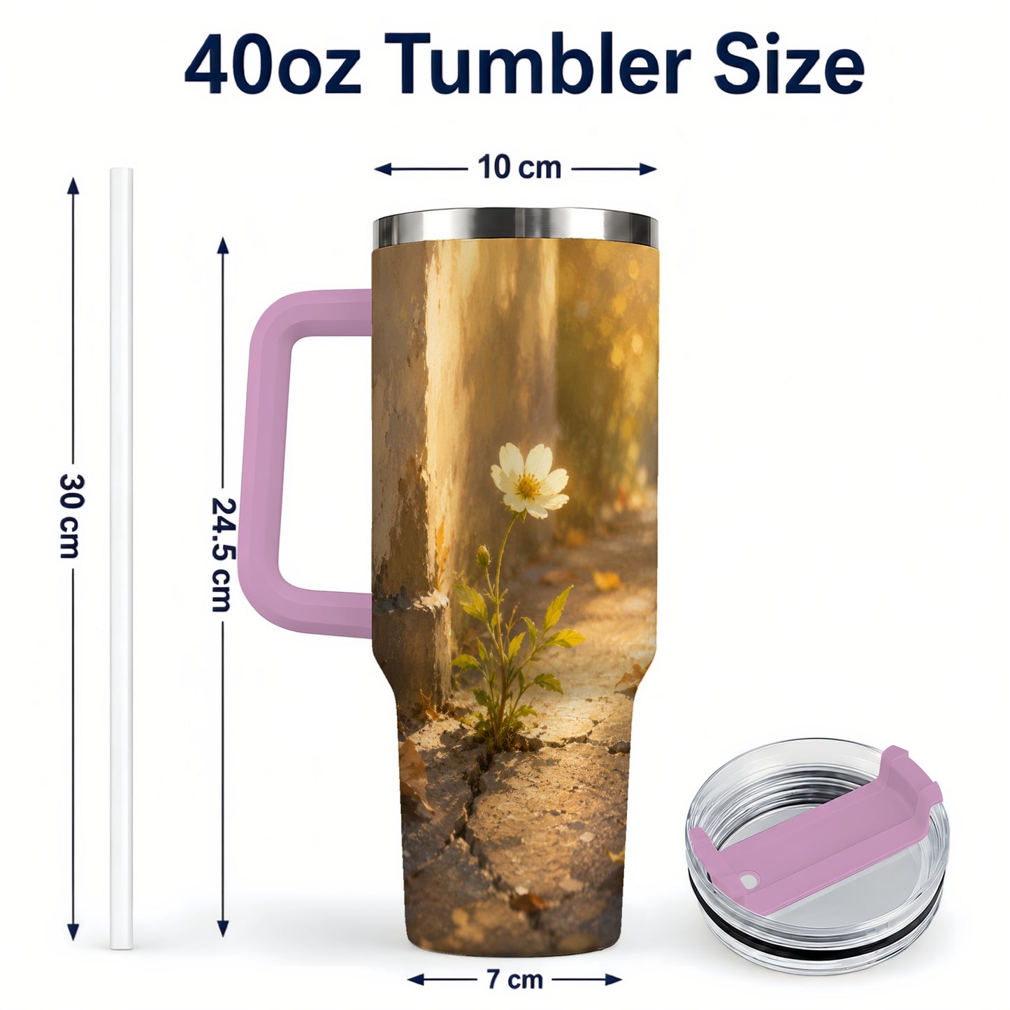 #pl[40oz|Pink] Resilient White Flower 40oz Tumbler with Handle, Hopeful Nature Art