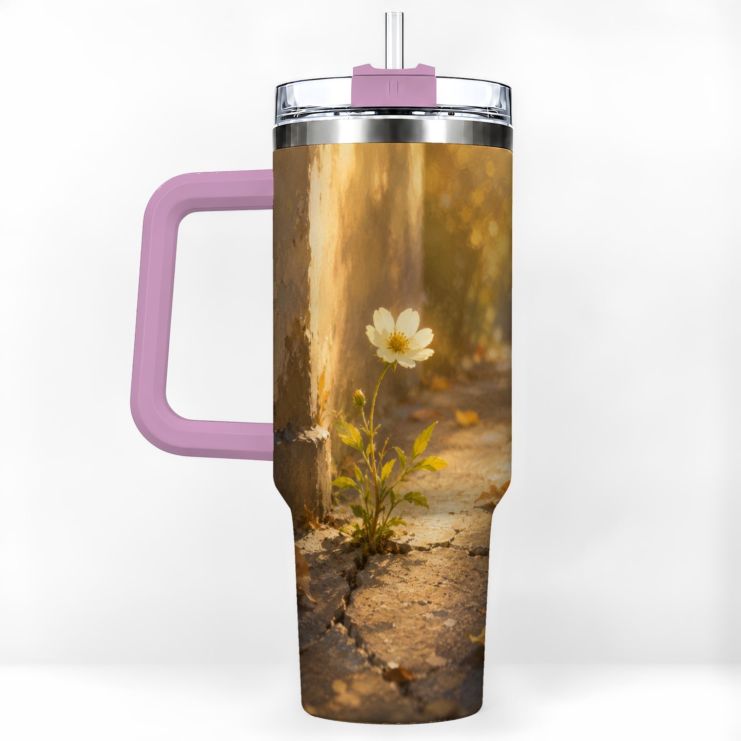 #pl[40oz|Pink] Resilient White Flower 40oz Tumbler with Handle, Hopeful Nature Art