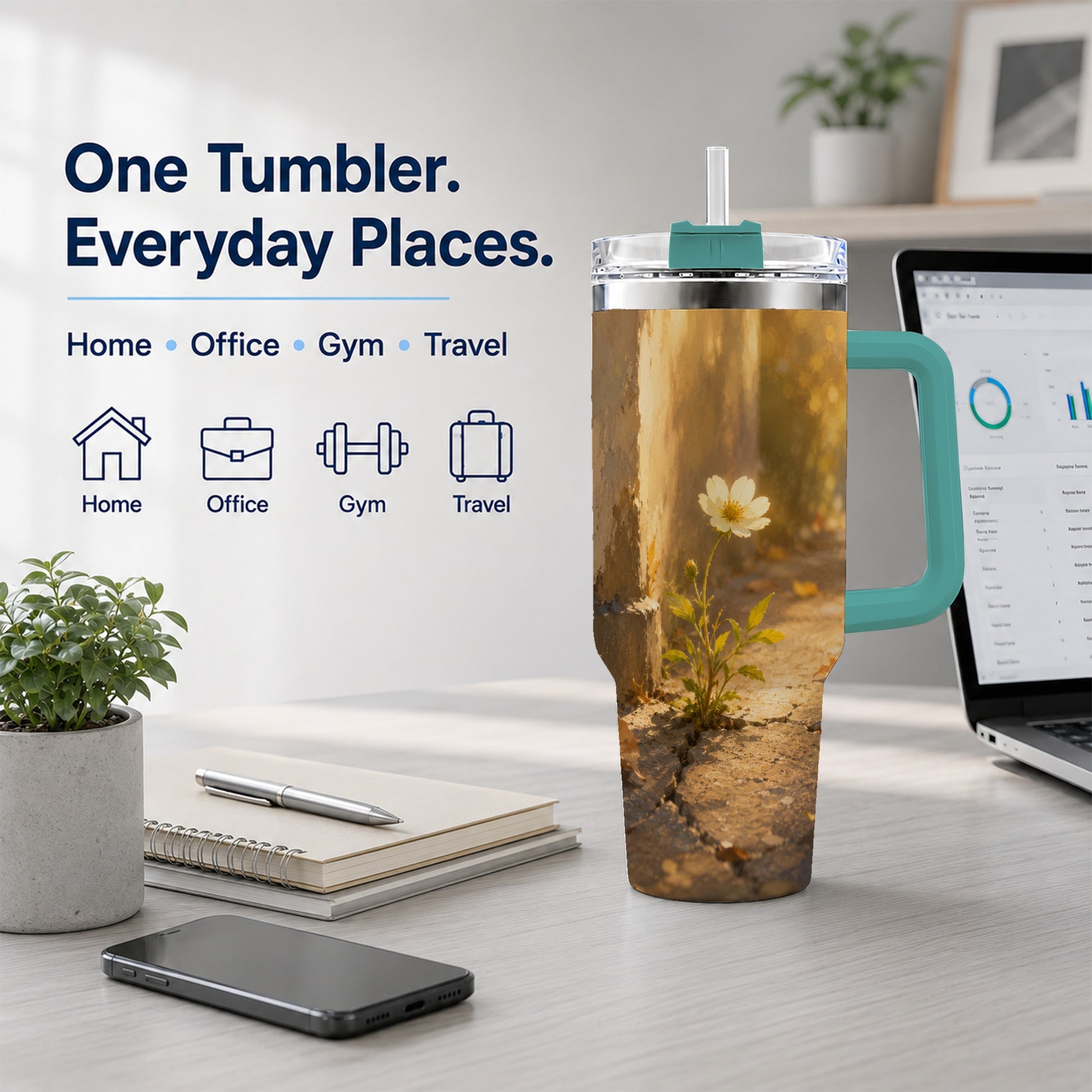 #pl[40oz|Green] Resilient White Flower 40oz Tumbler with Handle, Hopeful Nature Art