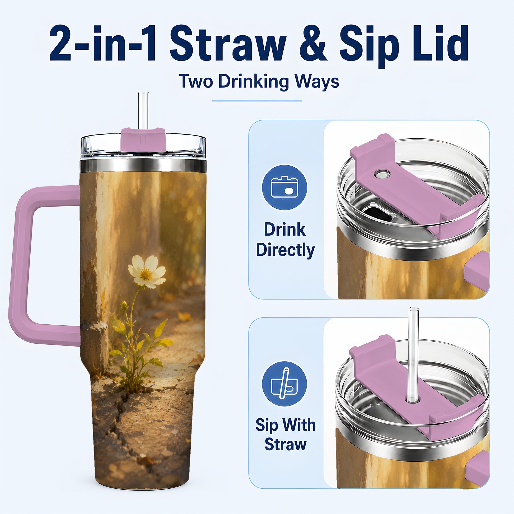 #pl[40oz|Pink] Resilient White Flower 40oz Tumbler with Handle, Hopeful Nature Art