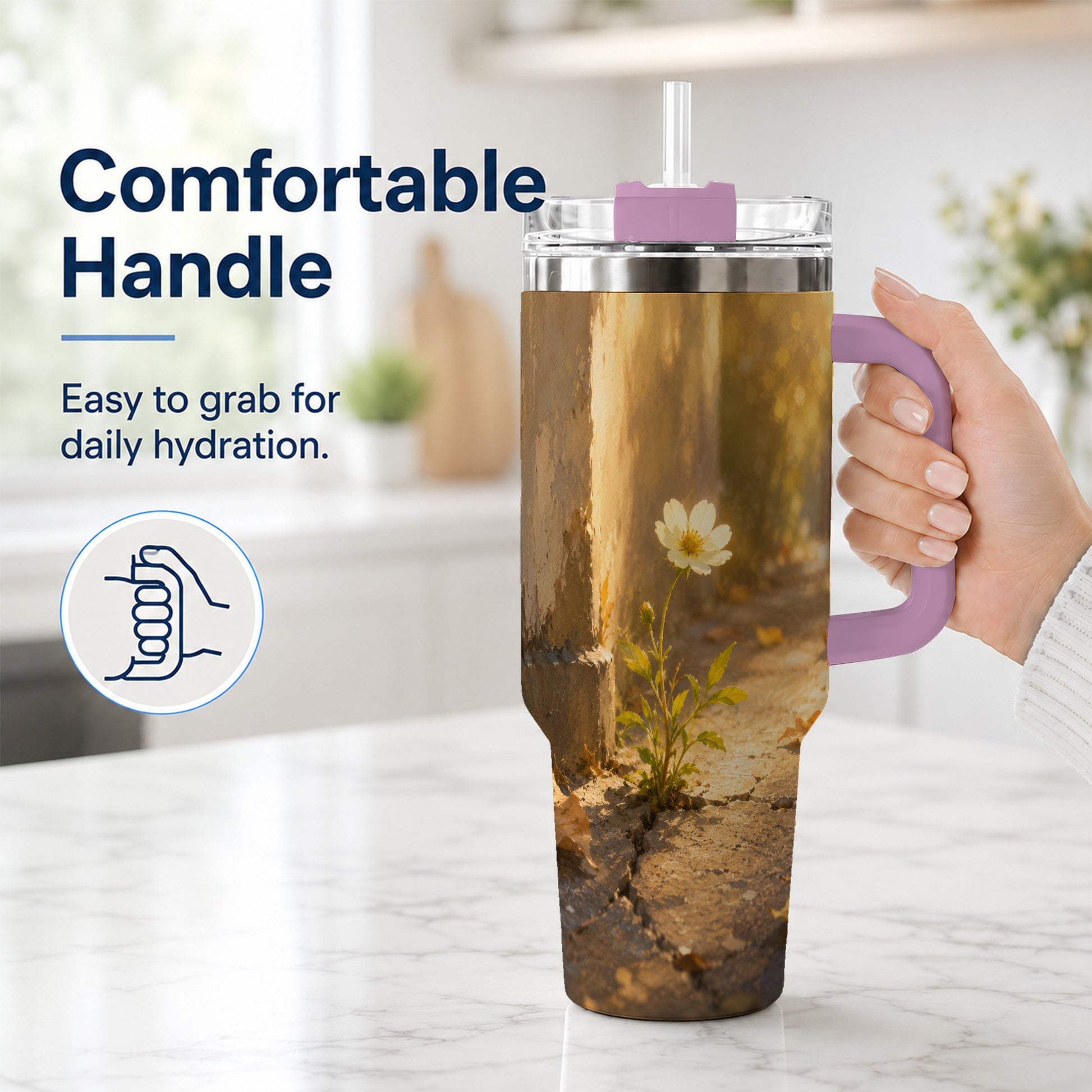 #pl[40oz|Pink] Resilient White Flower 40oz Tumbler with Handle, Hopeful Nature Art