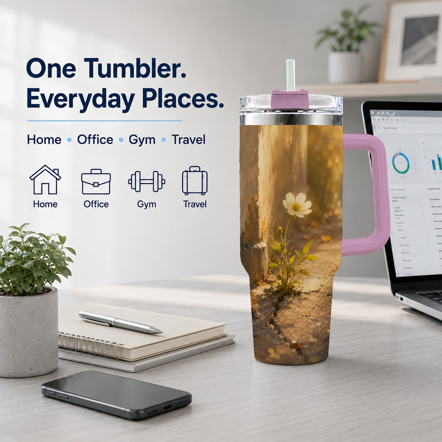 #pl[40oz|Pink] Resilient White Flower 40oz Tumbler with Handle, Hopeful Nature Art