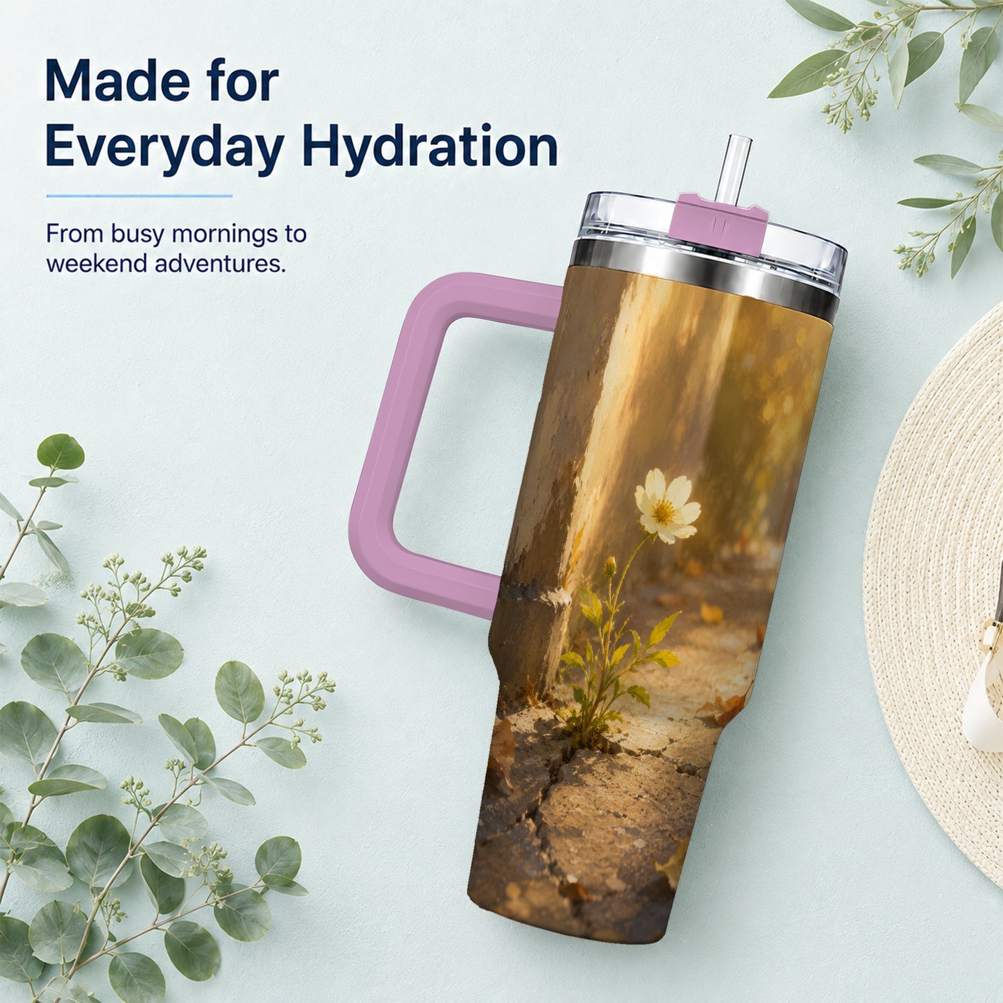 #pl[40oz|Pink] Resilient White Flower 40oz Tumbler with Handle, Hopeful Nature Art