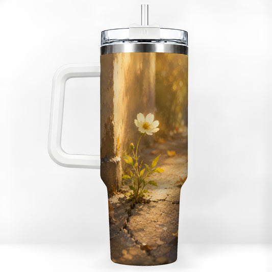 Resilient White Flower 40oz Tumbler with Handle, Hopeful Nature Art