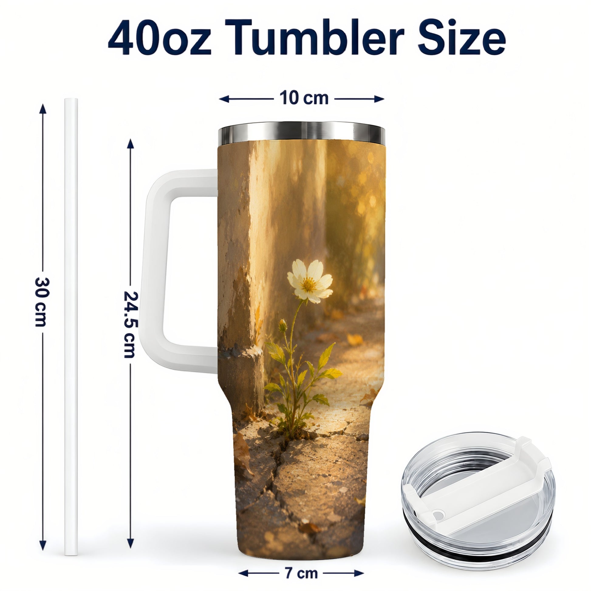 #pl[40oz|White] Resilient White Flower 40oz Tumbler with Handle, Hopeful Nature Art
