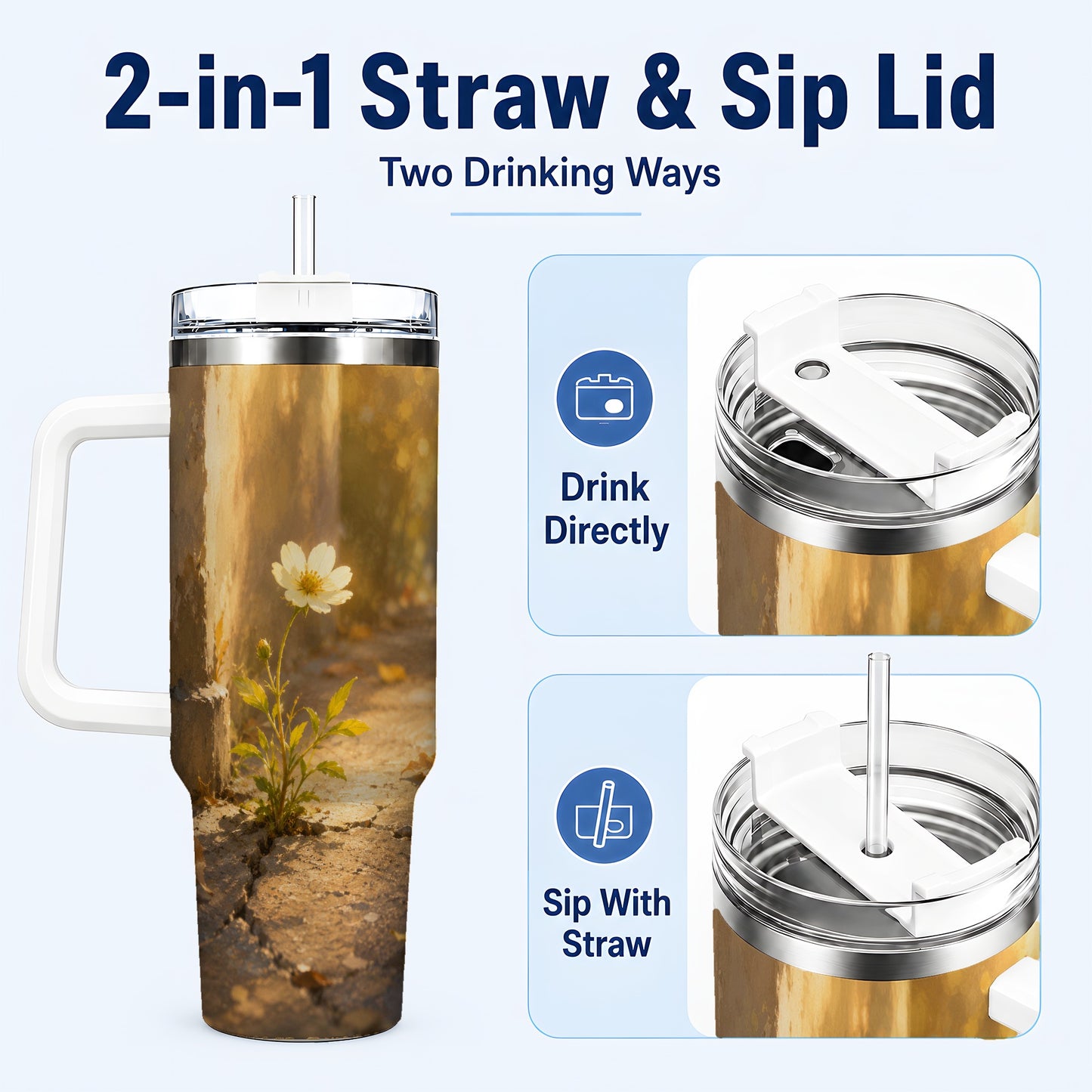 #pl[40oz|White] Resilient White Flower 40oz Tumbler with Handle, Hopeful Nature Art