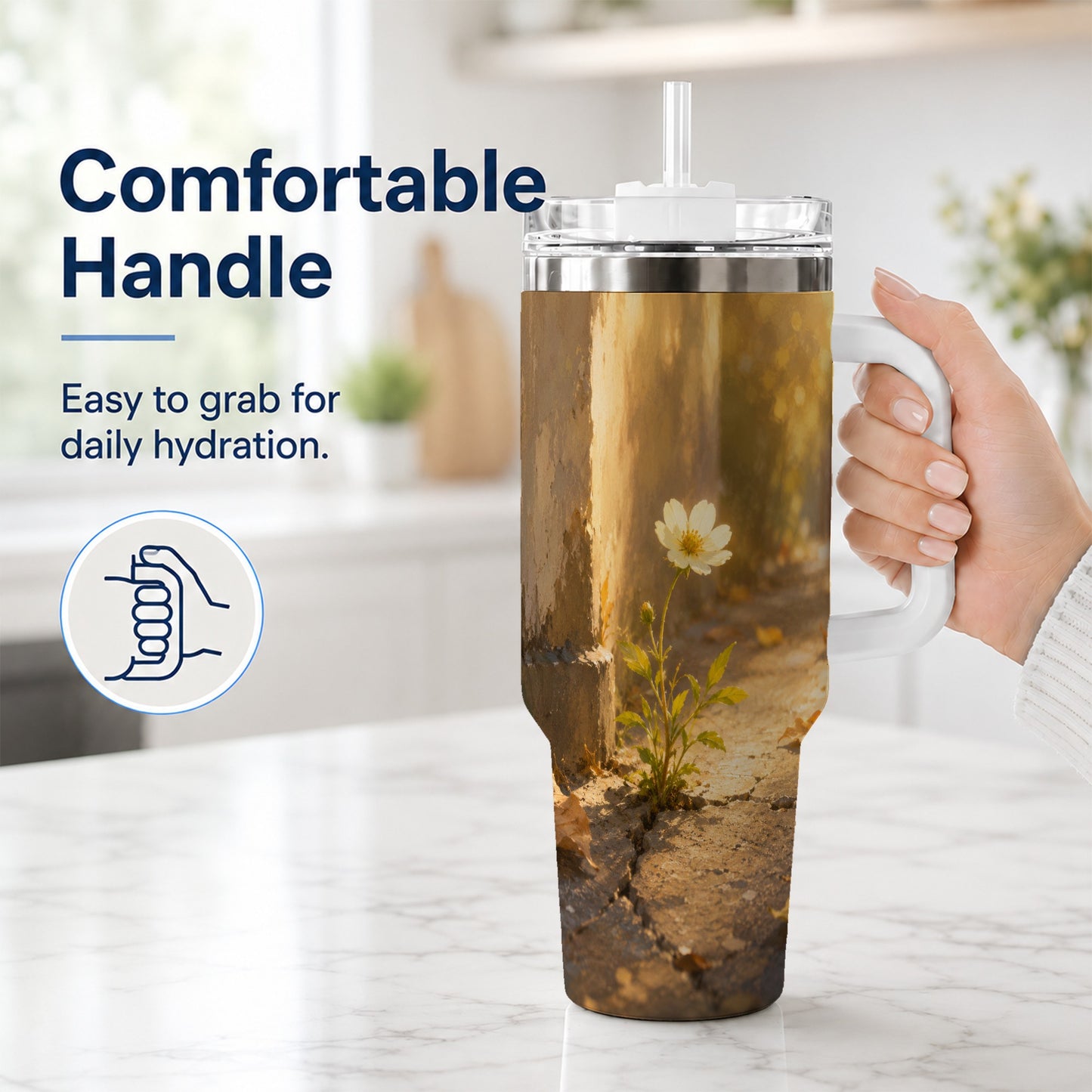 #pl[40oz|White] Resilient White Flower 40oz Tumbler with Handle, Hopeful Nature Art