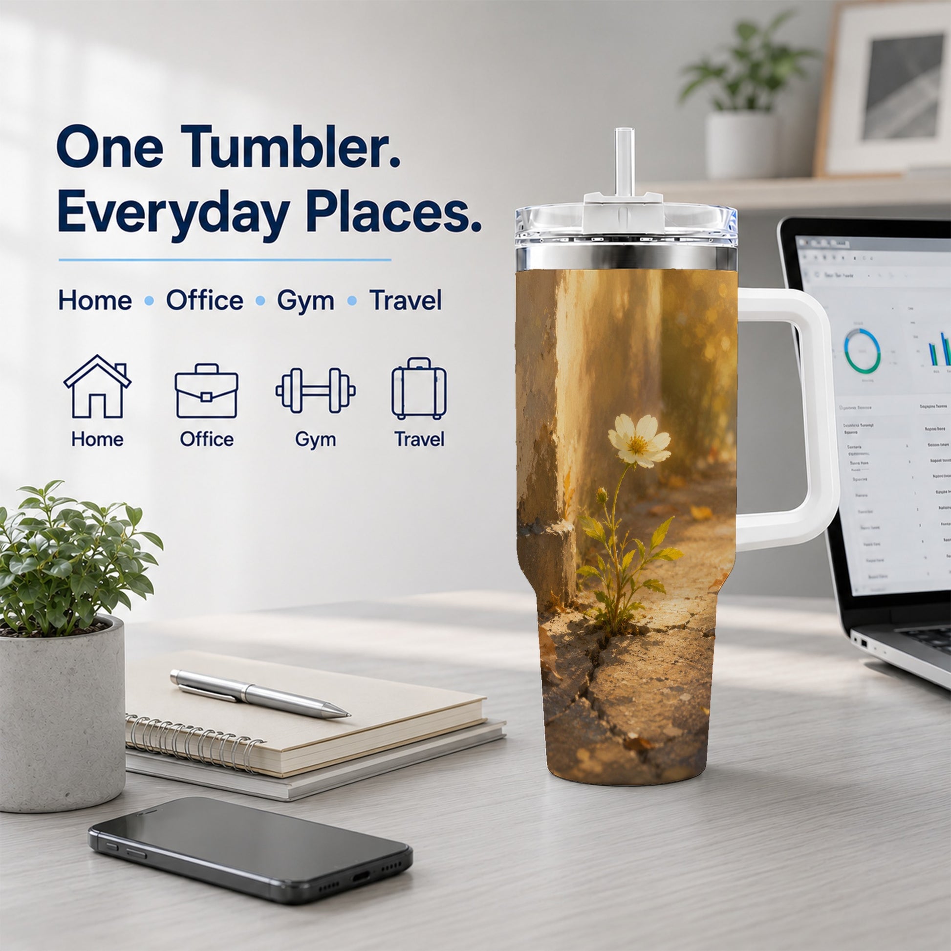 #pl[40oz|White] Resilient White Flower 40oz Tumbler with Handle, Hopeful Nature Art