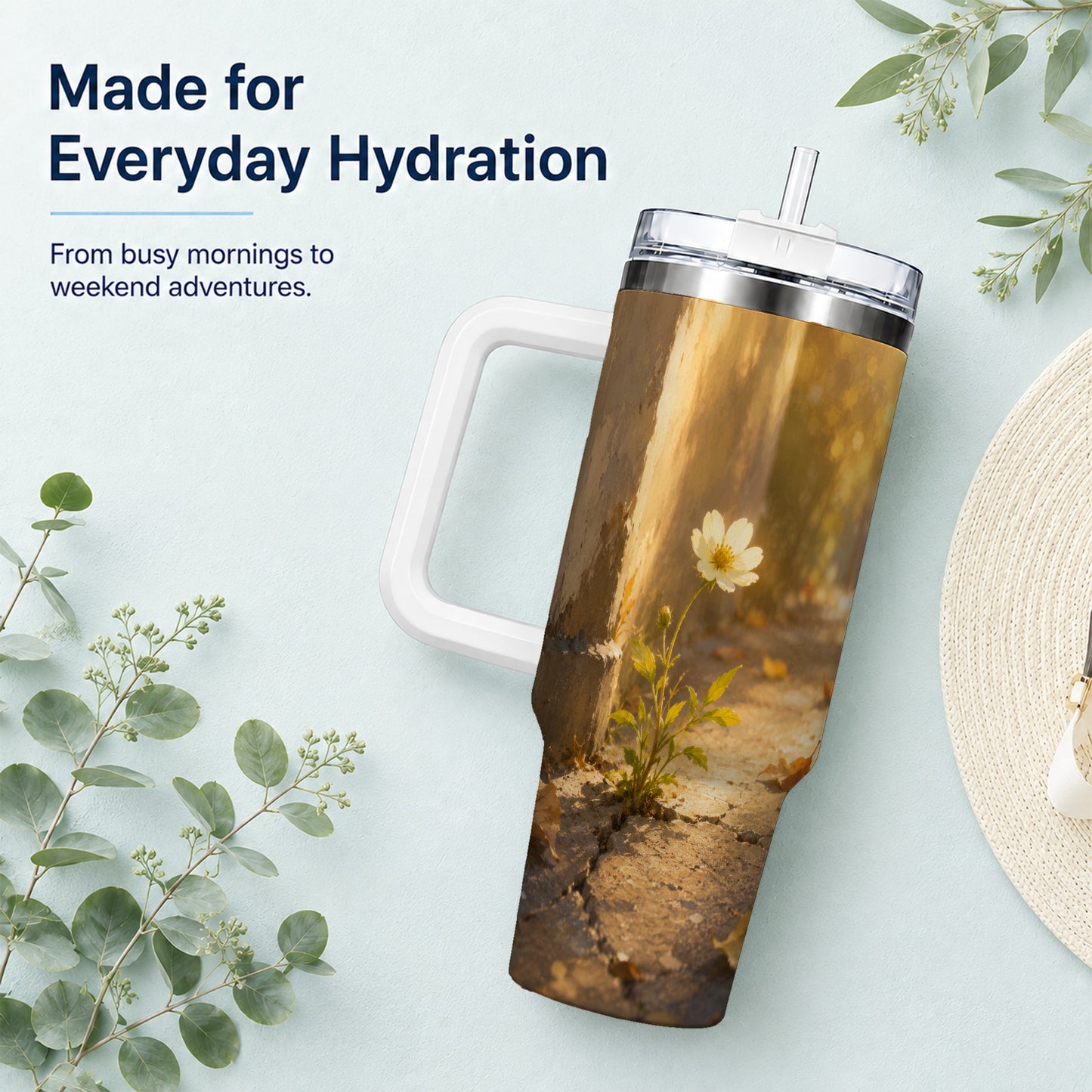 #pl[40oz|White] Resilient White Flower 40oz Tumbler with Handle, Hopeful Nature Art