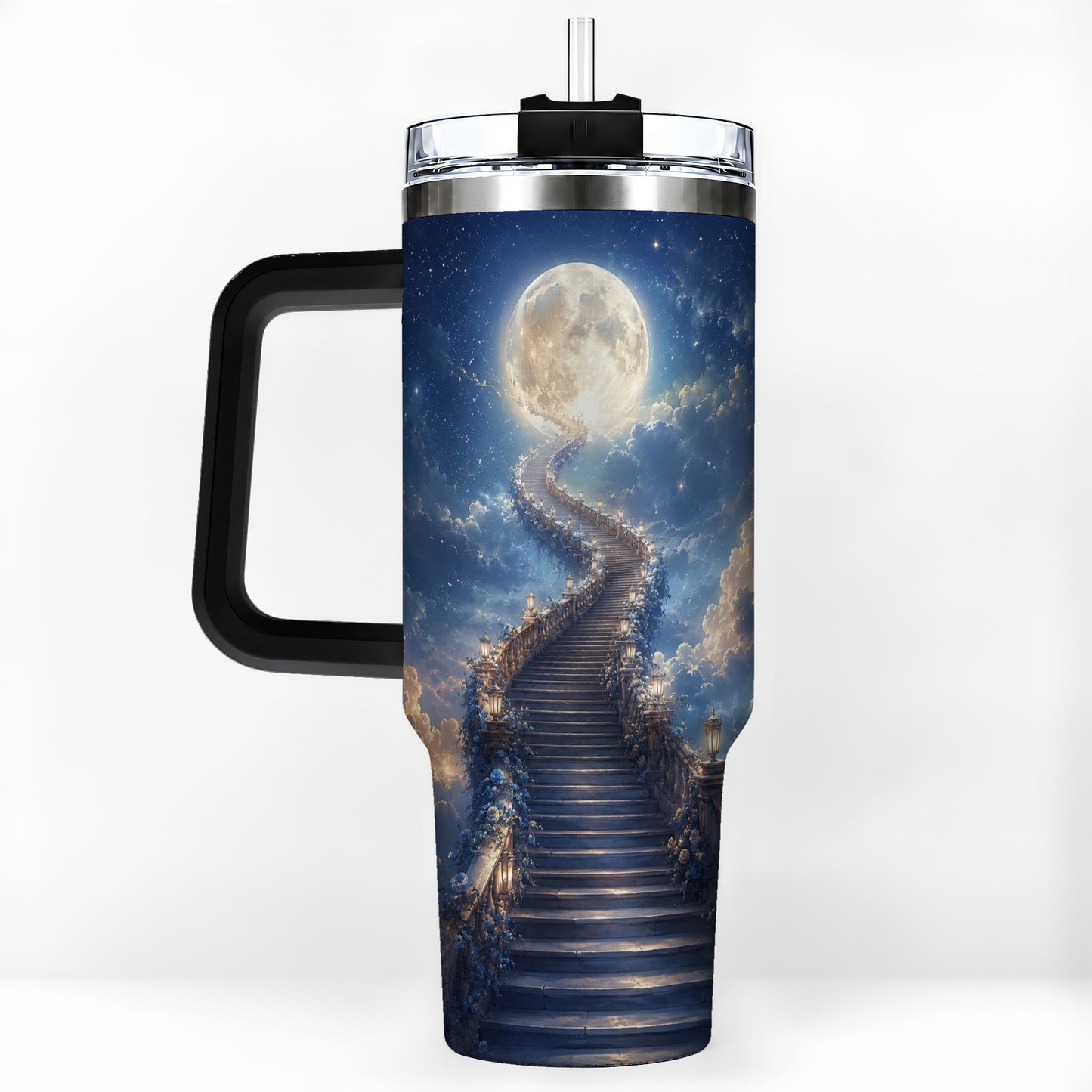#pl[40oz|Black] Moon Stairway 40oz Tumbler with Handle, Celestial Dreamscape Art