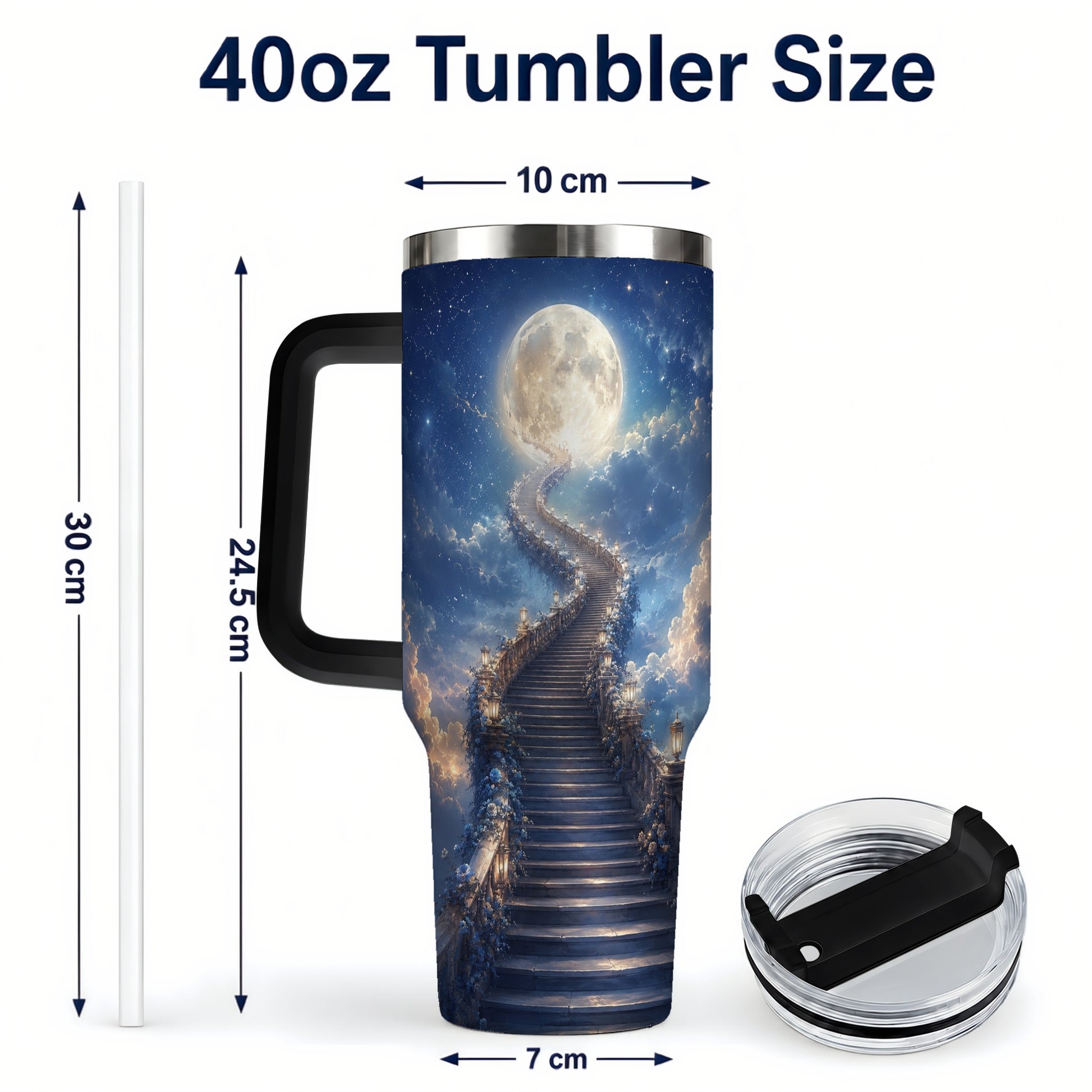 #pl[40oz|Black] Moon Stairway 40oz Tumbler with Handle, Celestial Dreamscape Art