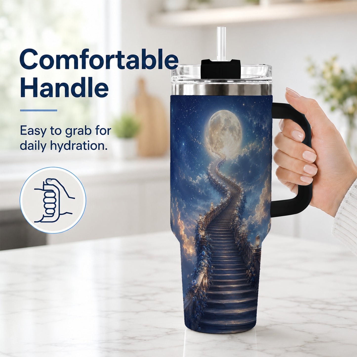 #pl[40oz|Black] Moon Stairway 40oz Tumbler with Handle, Celestial Dreamscape Art