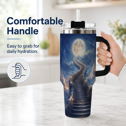 #pl[40oz|Black] Moon Stairway 40oz Tumbler with Handle, Celestial Dreamscape Art