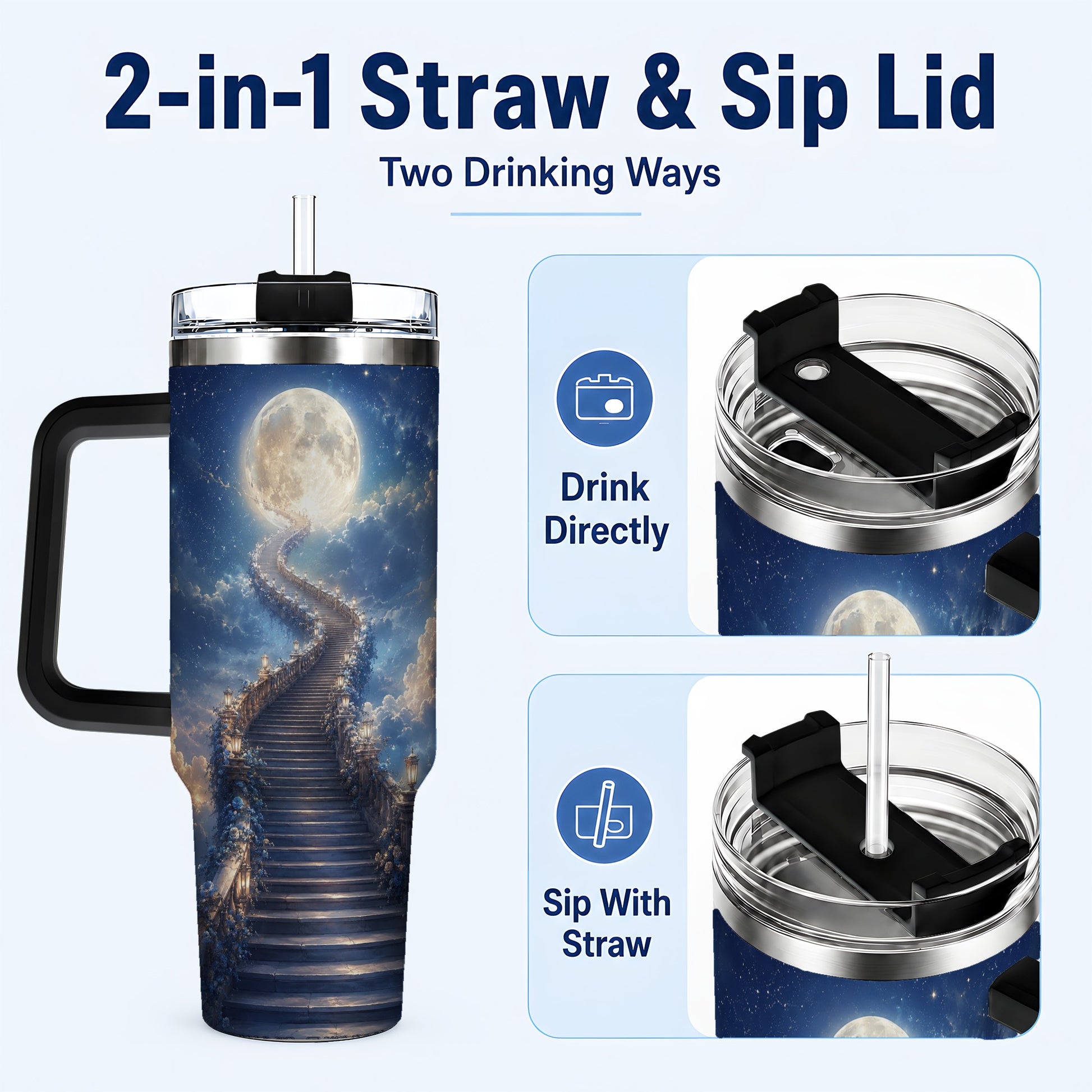 #pl[40oz|Black] Moon Stairway 40oz Tumbler with Handle, Celestial Dreamscape Art