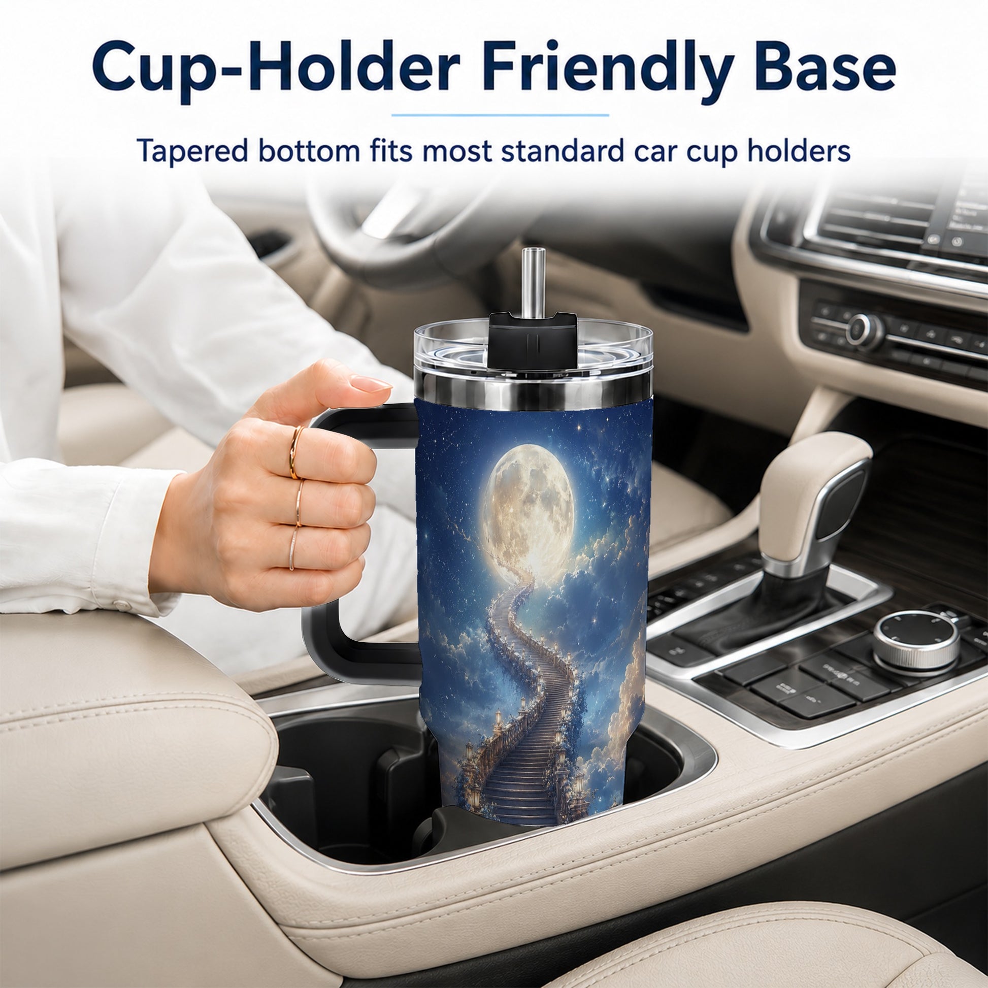 #pl[40oz|Black] Moon Stairway 40oz Tumbler with Handle, Celestial Dreamscape Art