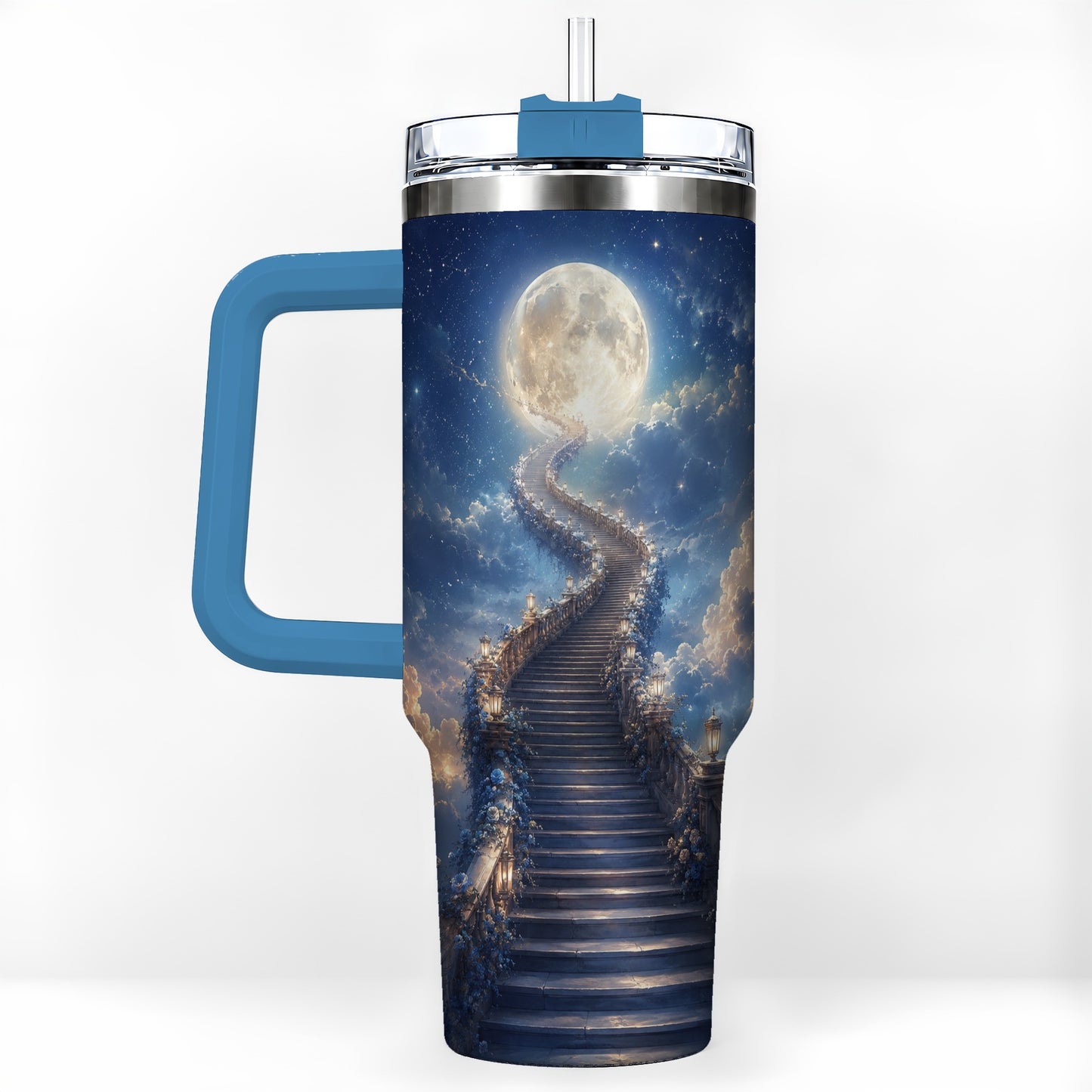 #pl[40oz|Blue] Moon Stairway 40oz Tumbler with Handle, Celestial Dreamscape Art