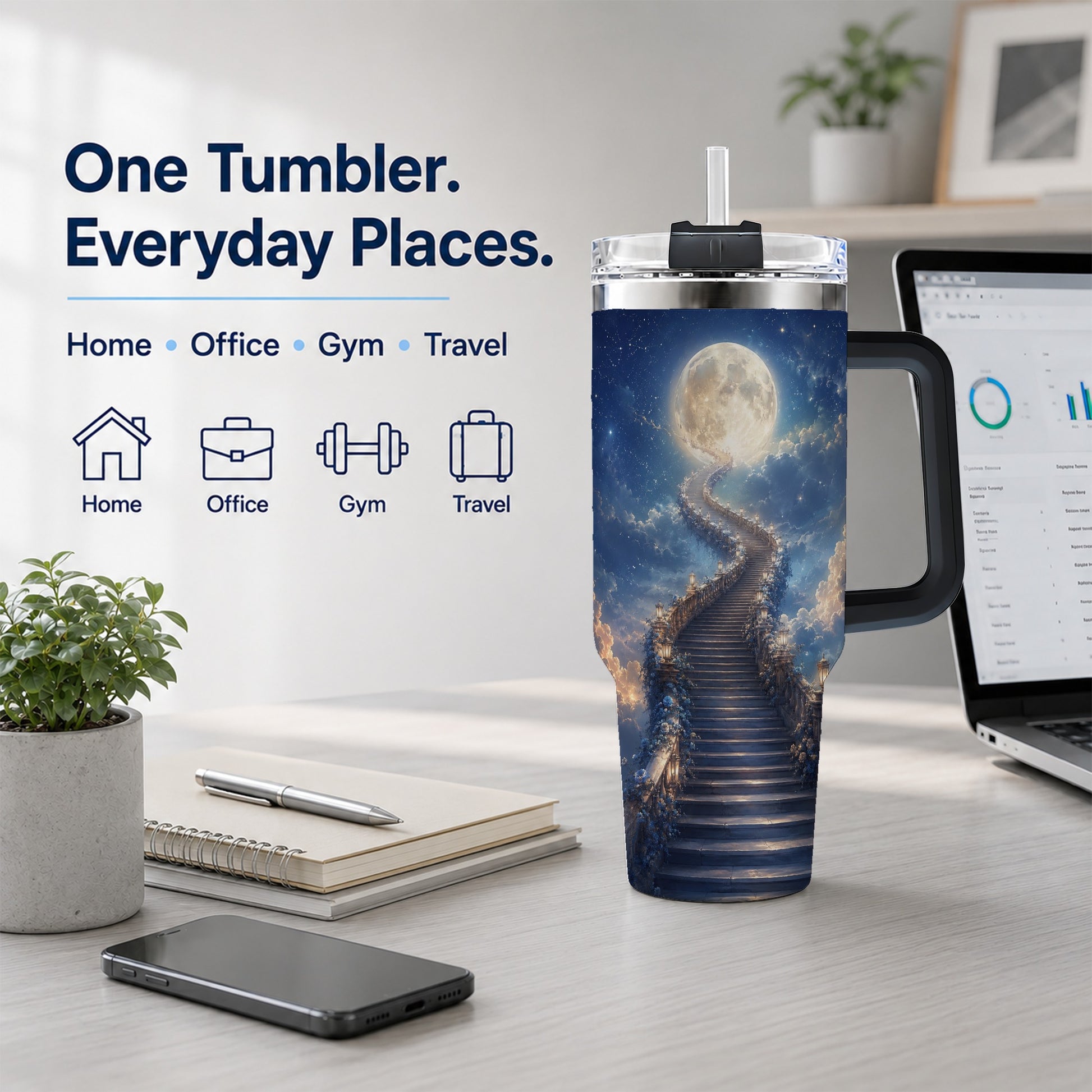 #pl[40oz|Black] Moon Stairway 40oz Tumbler with Handle, Celestial Dreamscape Art