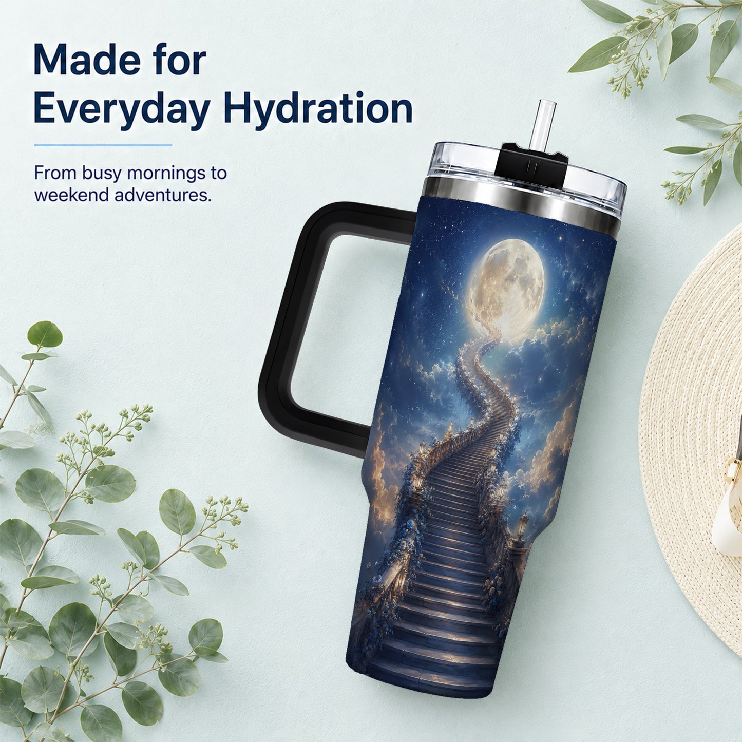 #pl[40oz|Black] Moon Stairway 40oz Tumbler with Handle, Celestial Dreamscape Art