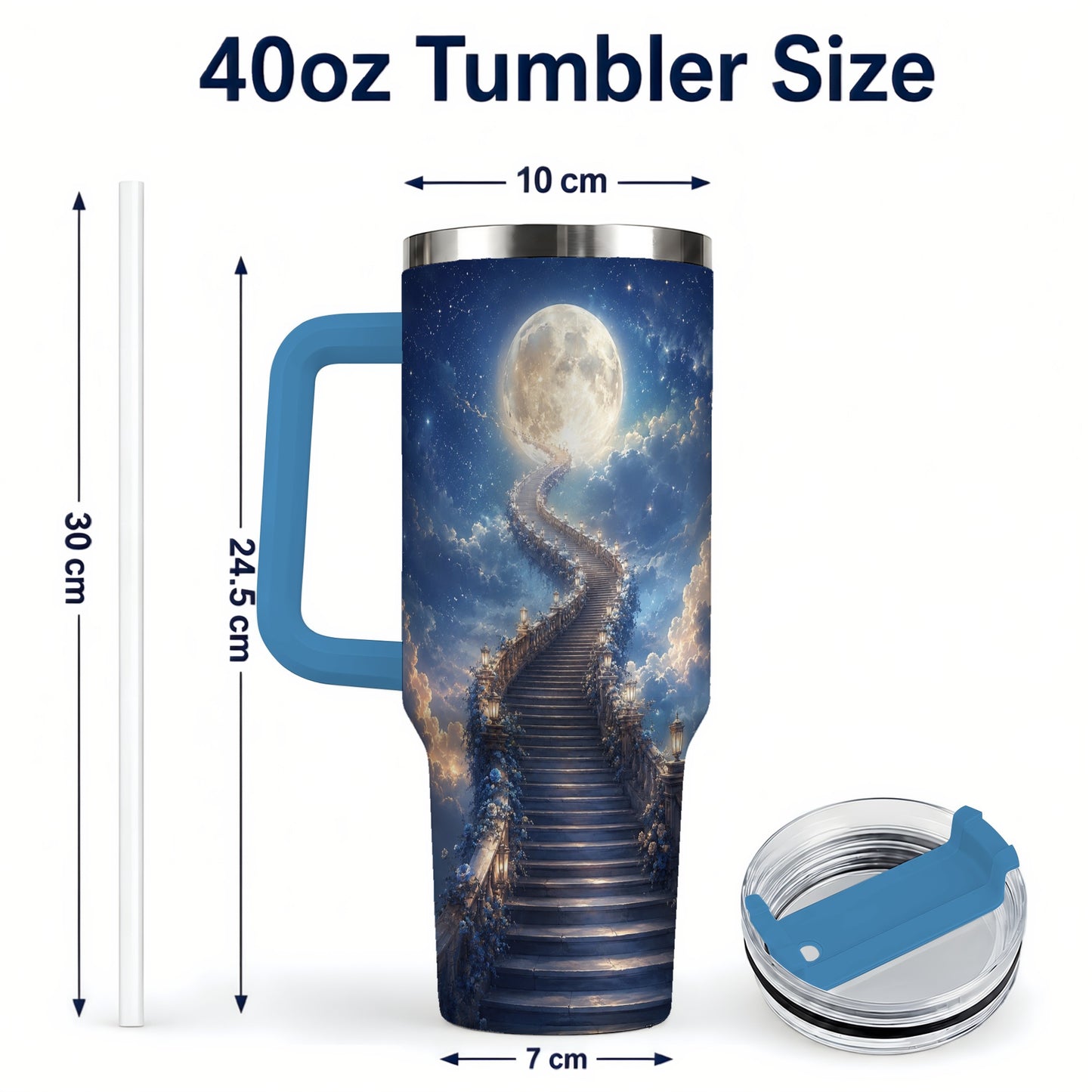 #pl[40oz|Blue] Moon Stairway 40oz Tumbler with Handle, Celestial Dreamscape Art