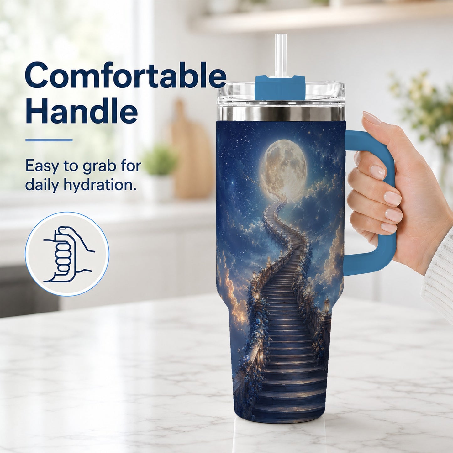 #pl[40oz|Blue] Moon Stairway 40oz Tumbler with Handle, Celestial Dreamscape Art