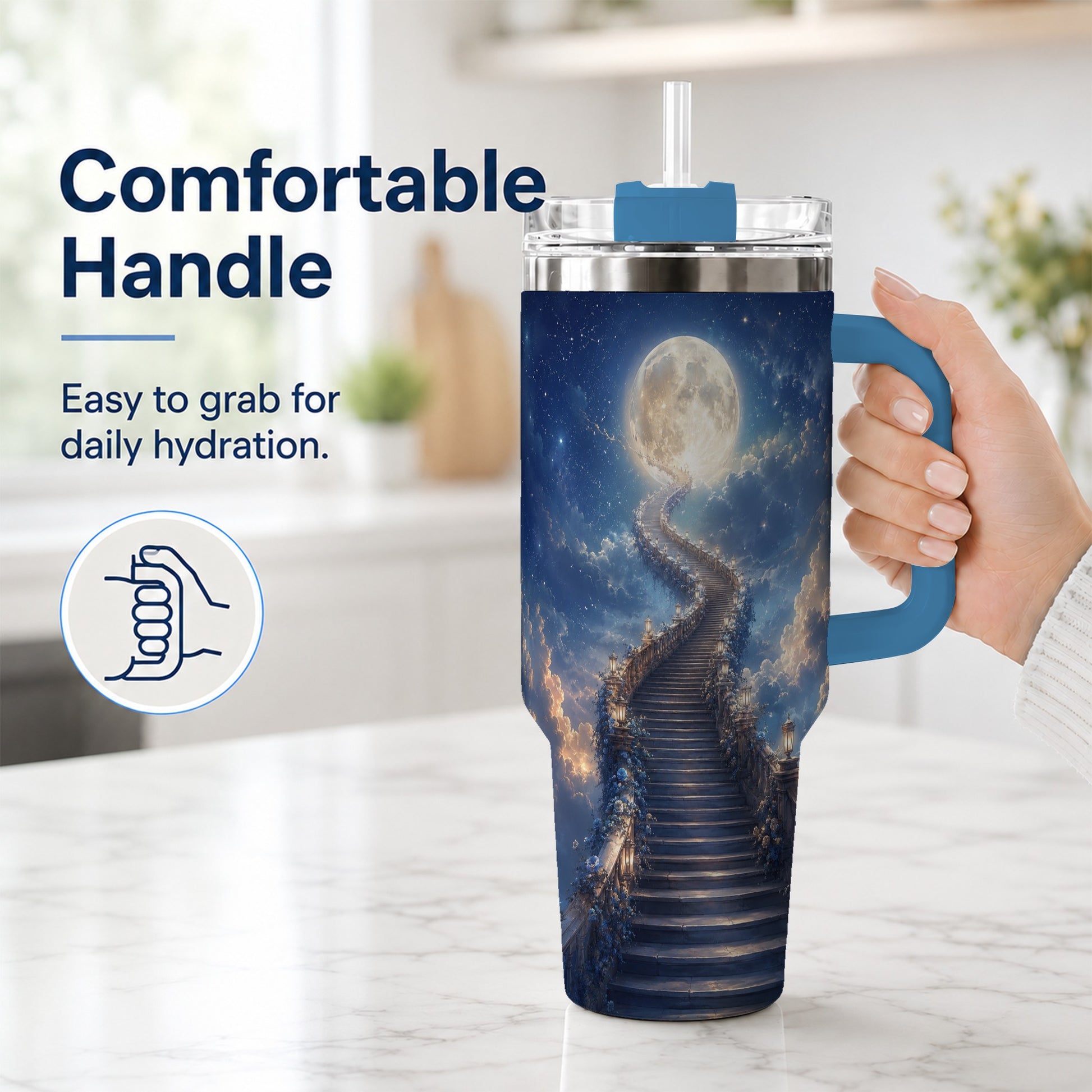 #pl[40oz|Blue] Moon Stairway 40oz Tumbler with Handle, Celestial Dreamscape Art