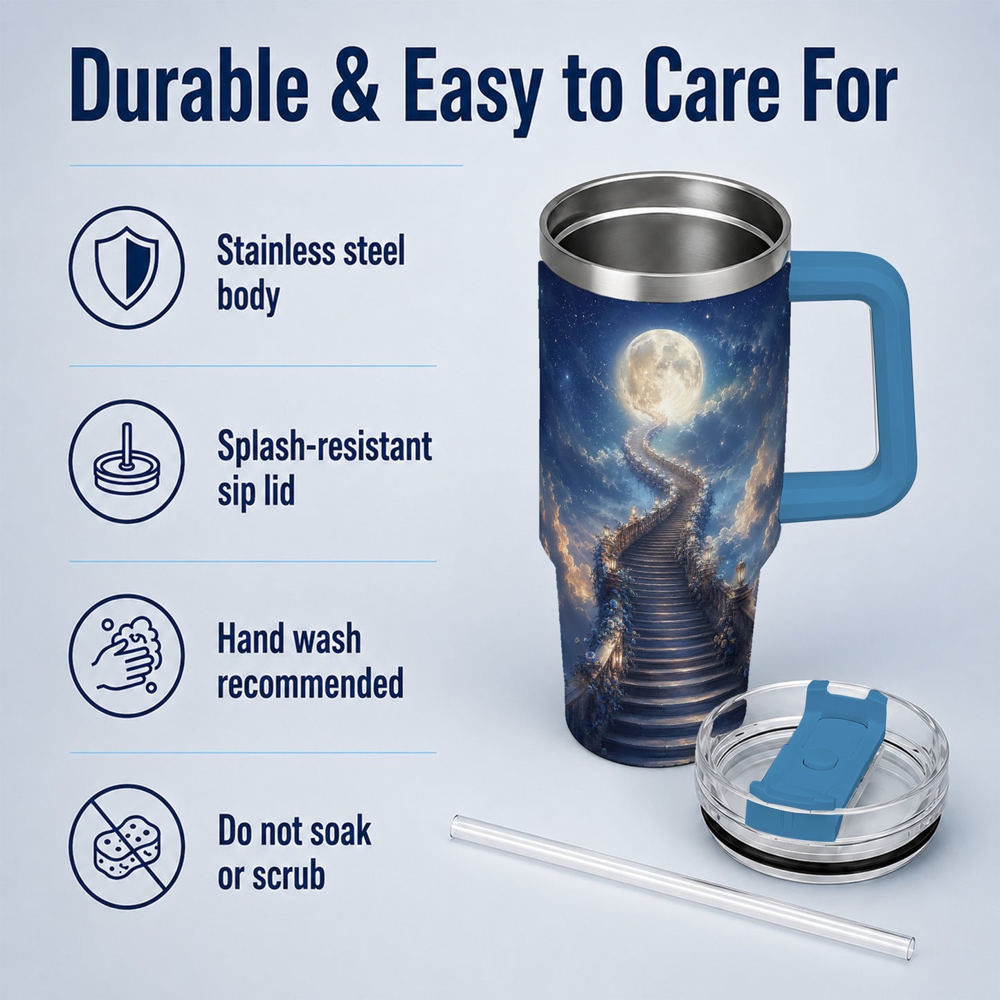 #pl[40oz|Blue] Moon Stairway 40oz Tumbler with Handle, Celestial Dreamscape Art