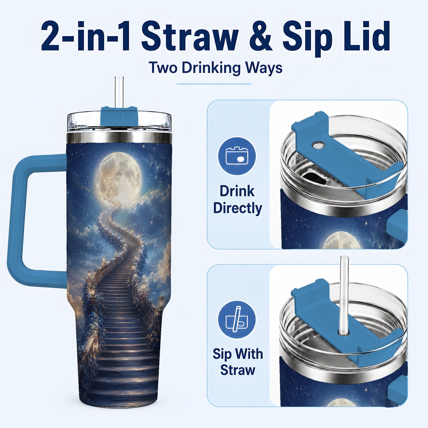 #pl[40oz|Blue] Moon Stairway 40oz Tumbler with Handle, Celestial Dreamscape Art