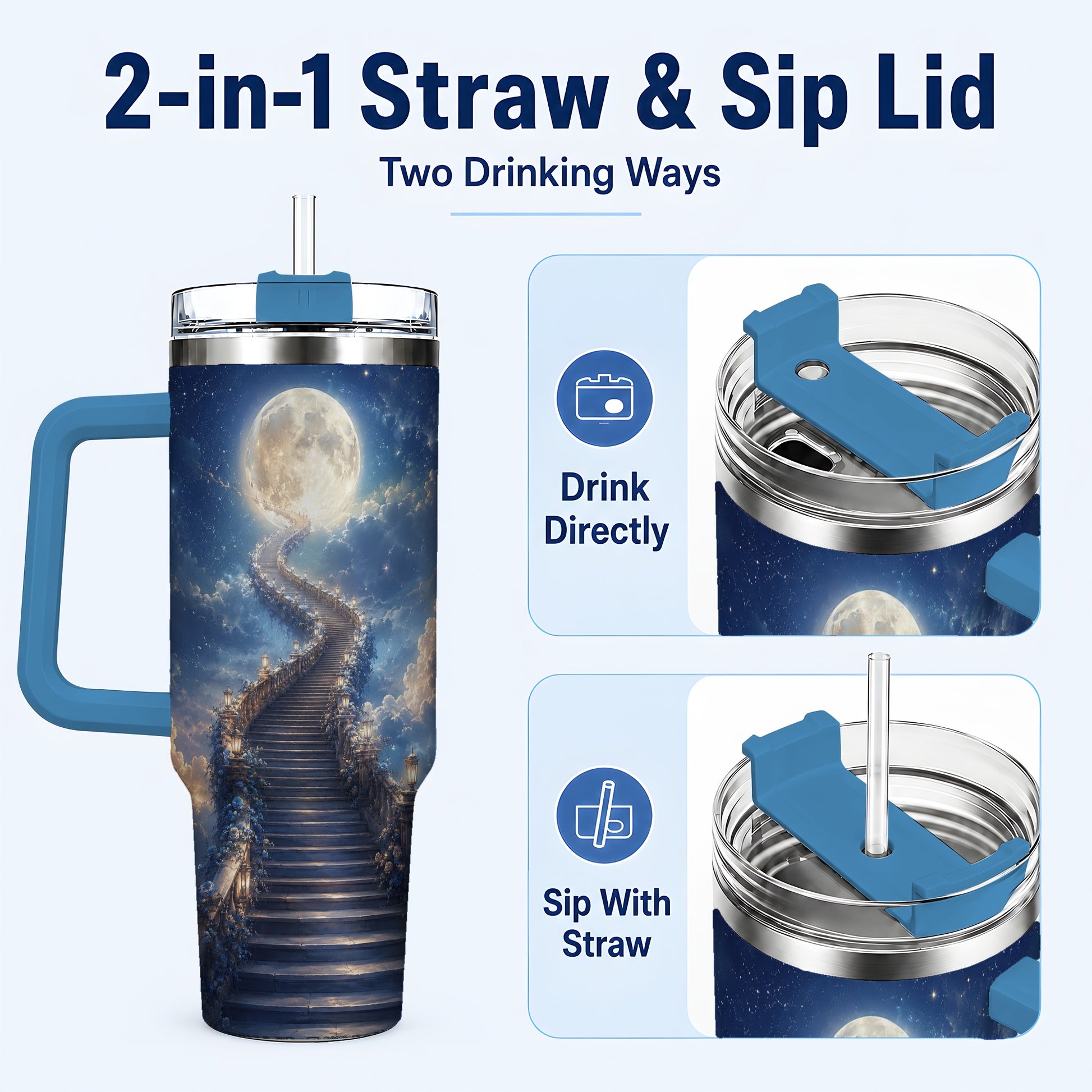 #pl[40oz|Blue] Moon Stairway 40oz Tumbler with Handle, Celestial Dreamscape Art