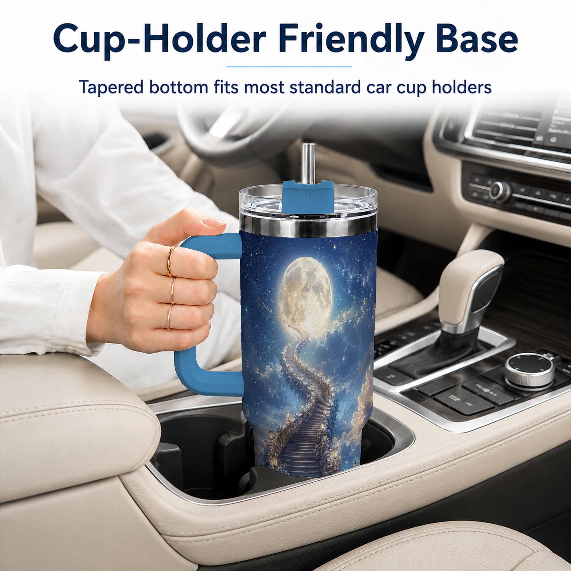 #pl[40oz|Blue] Moon Stairway 40oz Tumbler with Handle, Celestial Dreamscape Art