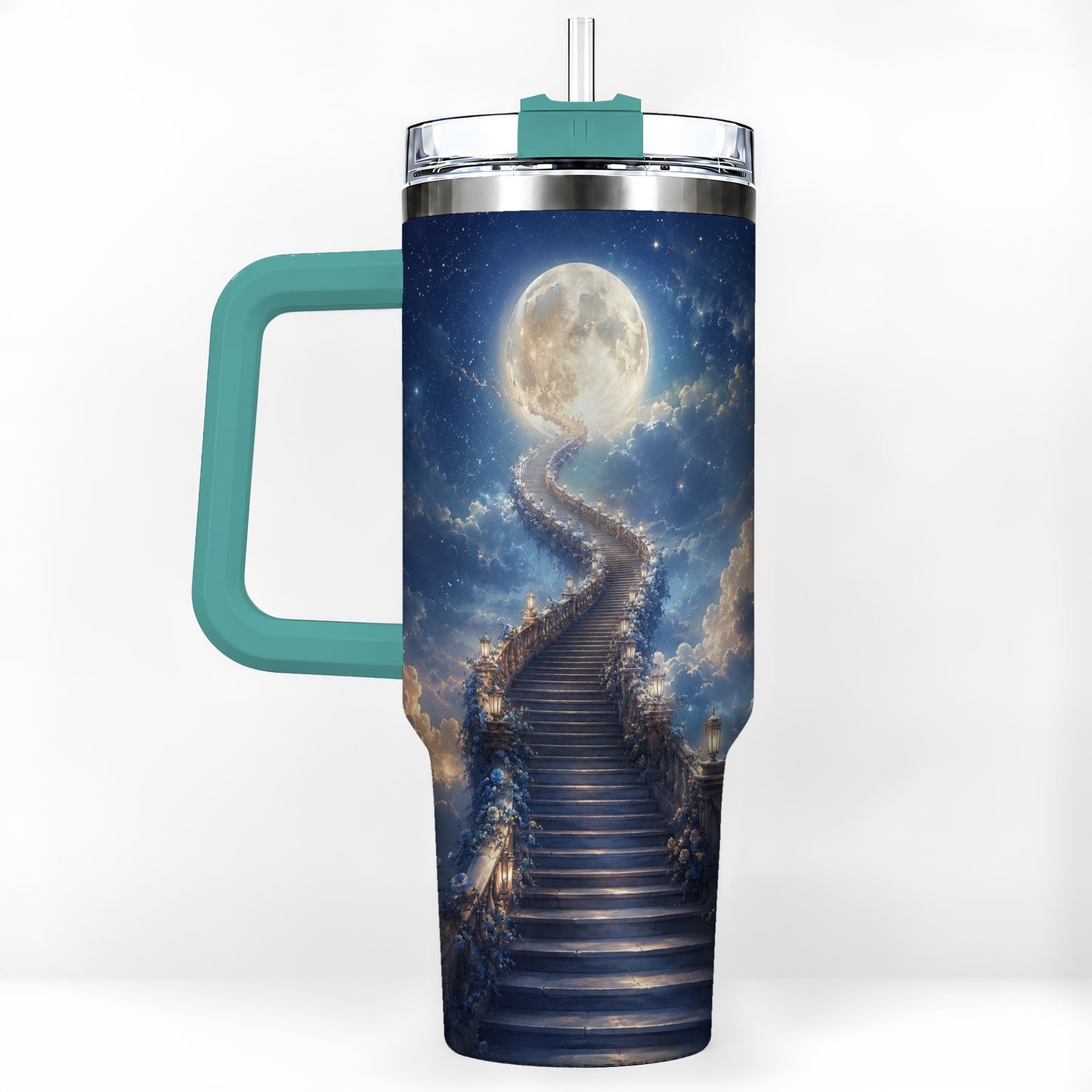 #pl[40oz|Green] Moon Stairway 40oz Tumbler with Handle, Celestial Dreamscape Art
