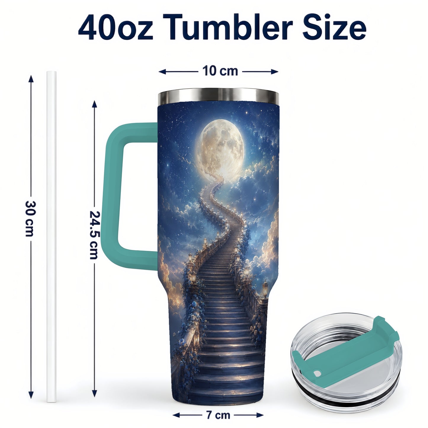 #pl[40oz|Green] Moon Stairway 40oz Tumbler with Handle, Celestial Dreamscape Art