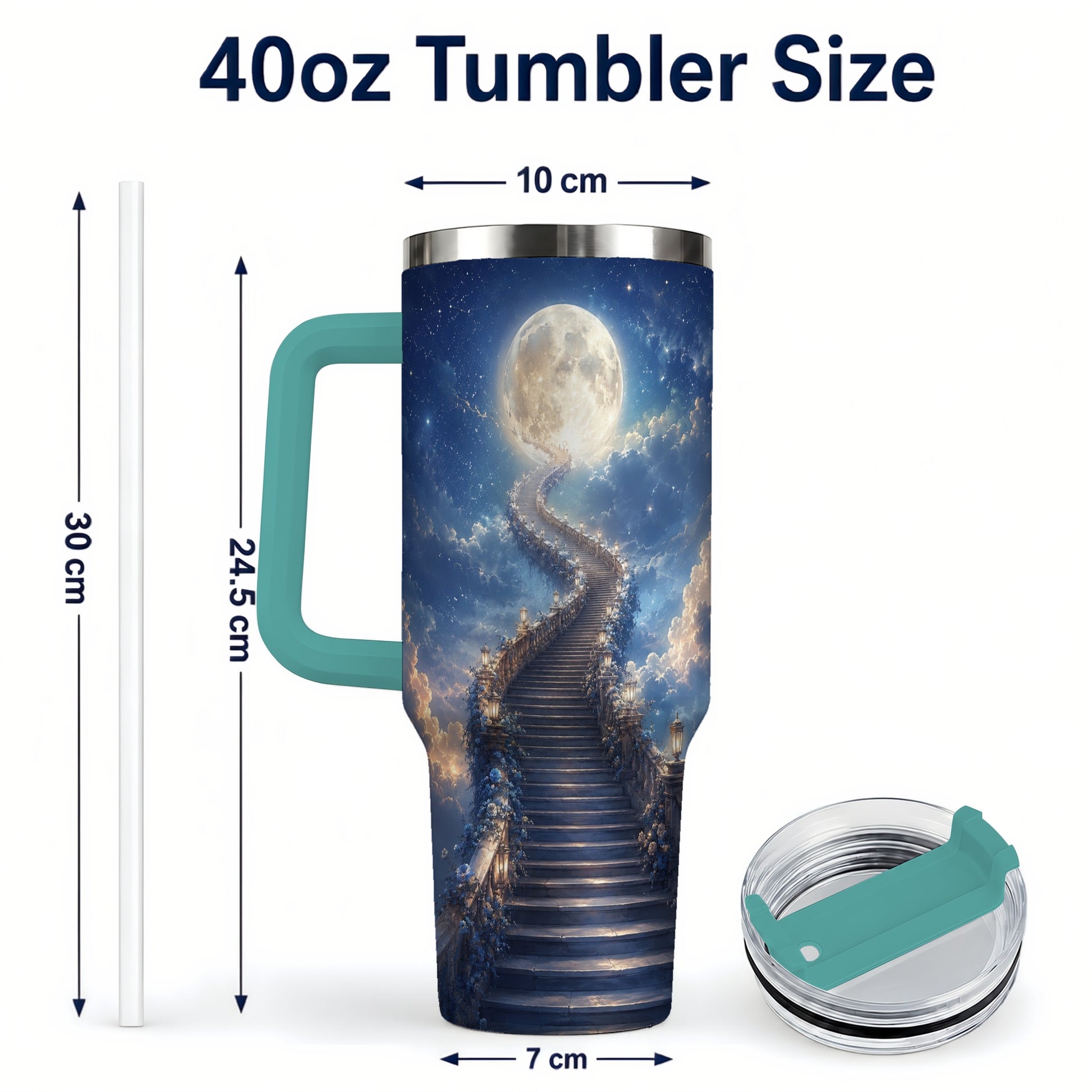#pl[40oz|Green] Moon Stairway 40oz Tumbler with Handle, Celestial Dreamscape Art