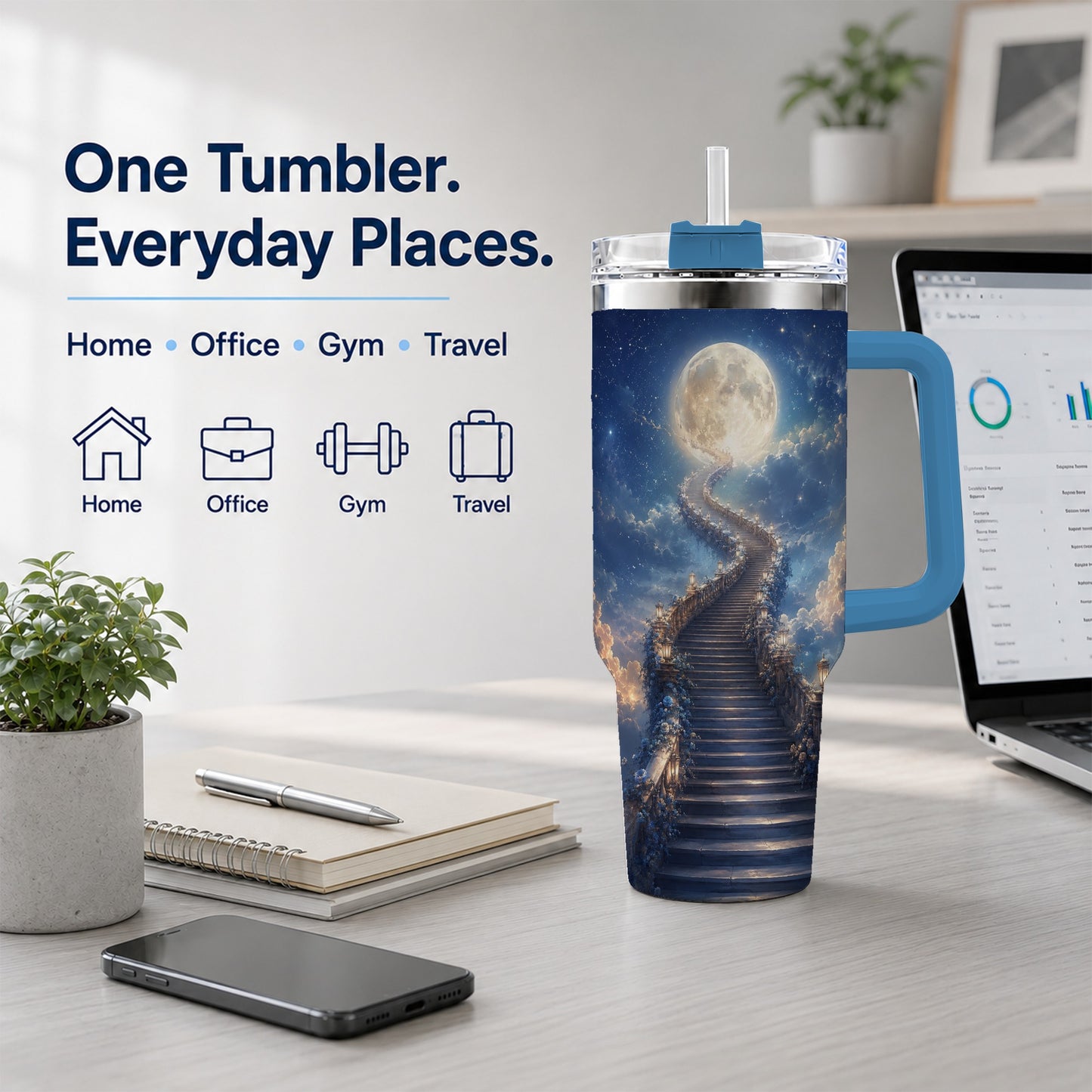 #pl[40oz|Blue] Moon Stairway 40oz Tumbler with Handle, Celestial Dreamscape Art