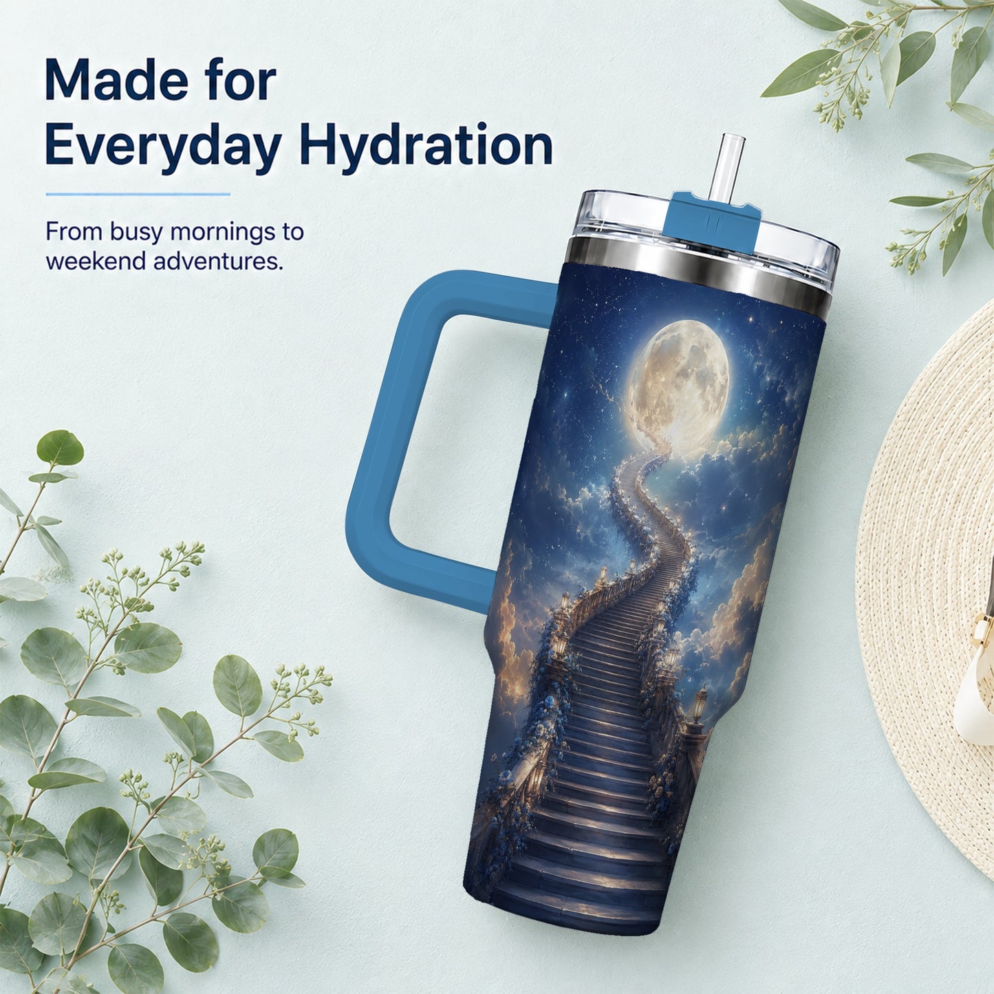 #pl[40oz|Blue] Moon Stairway 40oz Tumbler with Handle, Celestial Dreamscape Art