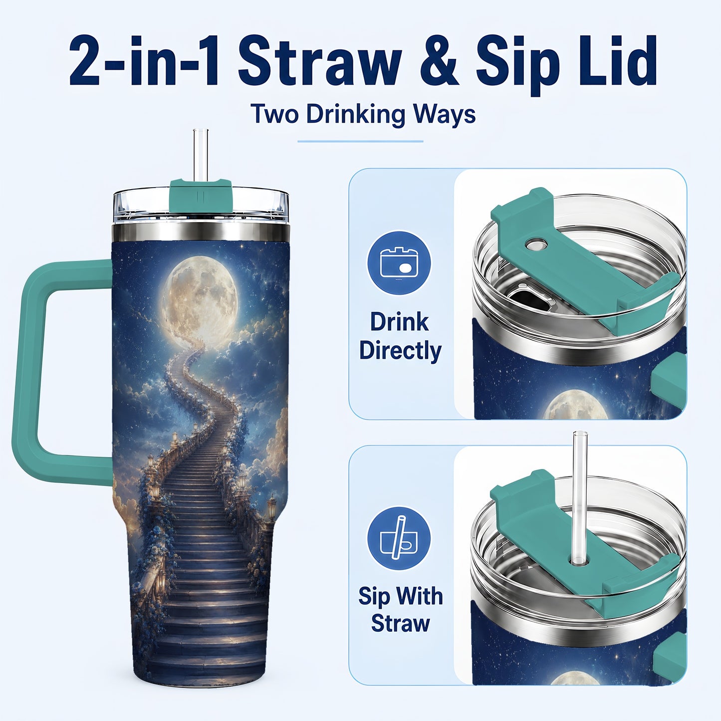 #pl[40oz|Green] Moon Stairway 40oz Tumbler with Handle, Celestial Dreamscape Art