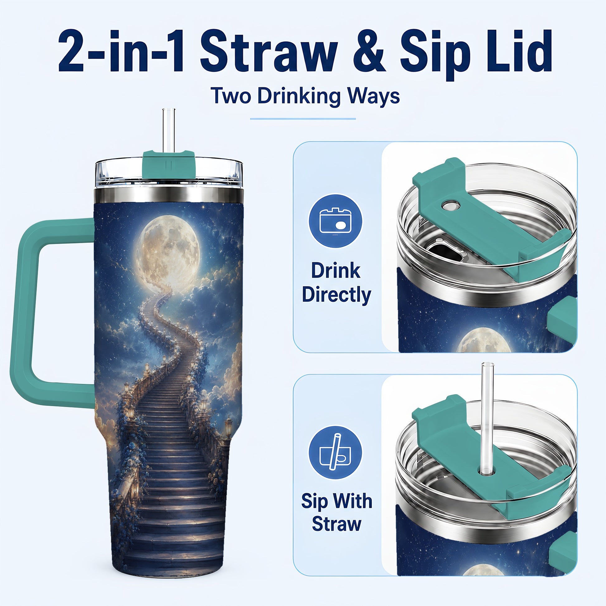 #pl[40oz|Green] Moon Stairway 40oz Tumbler with Handle, Celestial Dreamscape Art