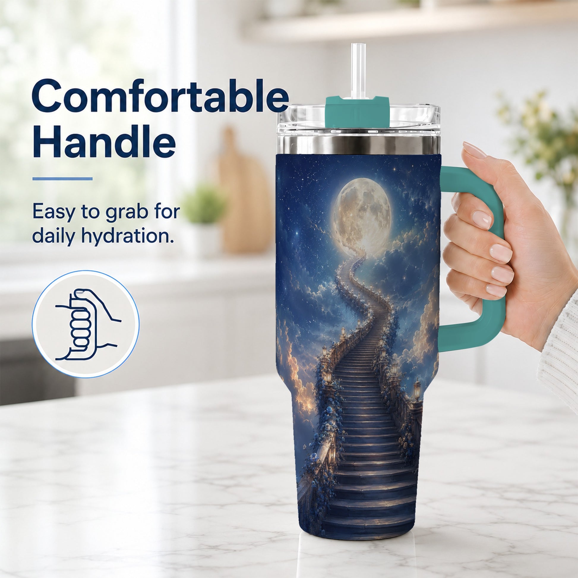 #pl[40oz|Green] Moon Stairway 40oz Tumbler with Handle, Celestial Dreamscape Art