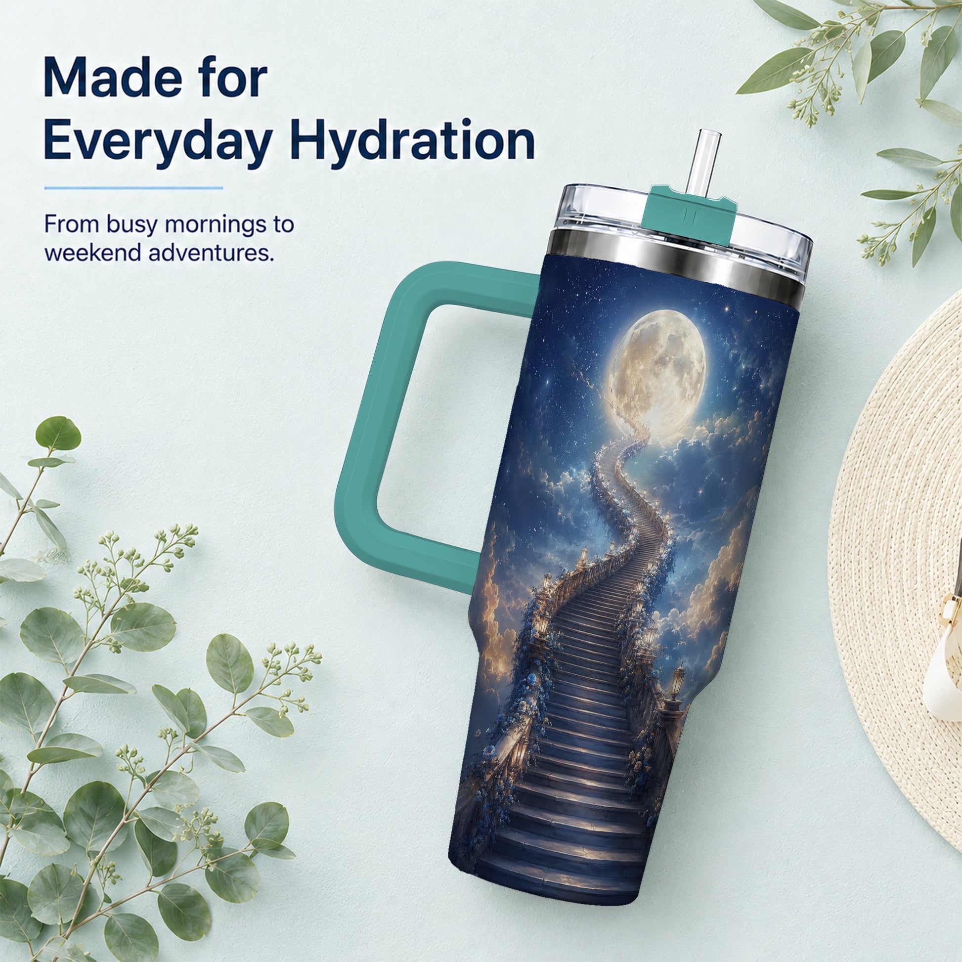 #pl[40oz|Green] Moon Stairway 40oz Tumbler with Handle, Celestial Dreamscape Art