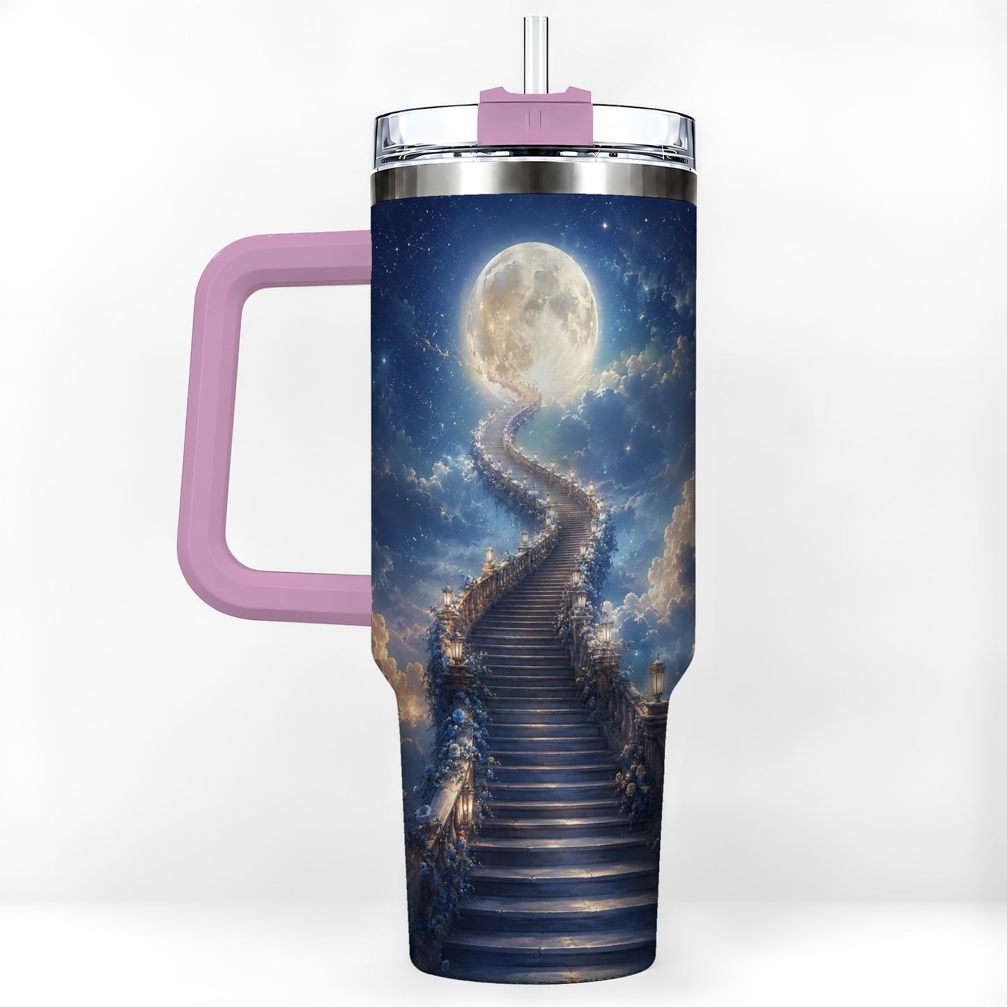 #pl[40oz|Pink] Moon Stairway 40oz Tumbler with Handle, Celestial Dreamscape Art