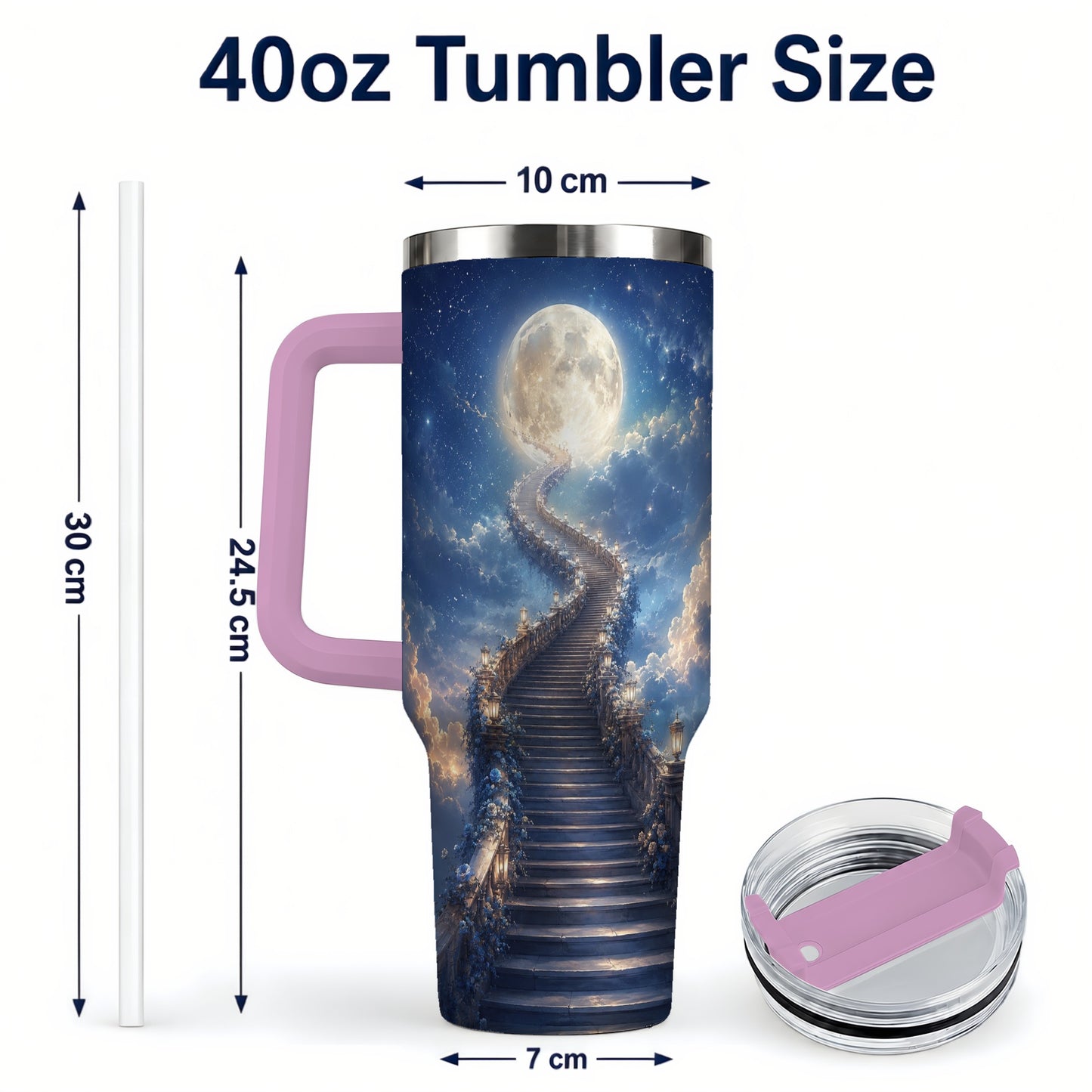 #pl[40oz|Pink] Moon Stairway 40oz Tumbler with Handle, Celestial Dreamscape Art