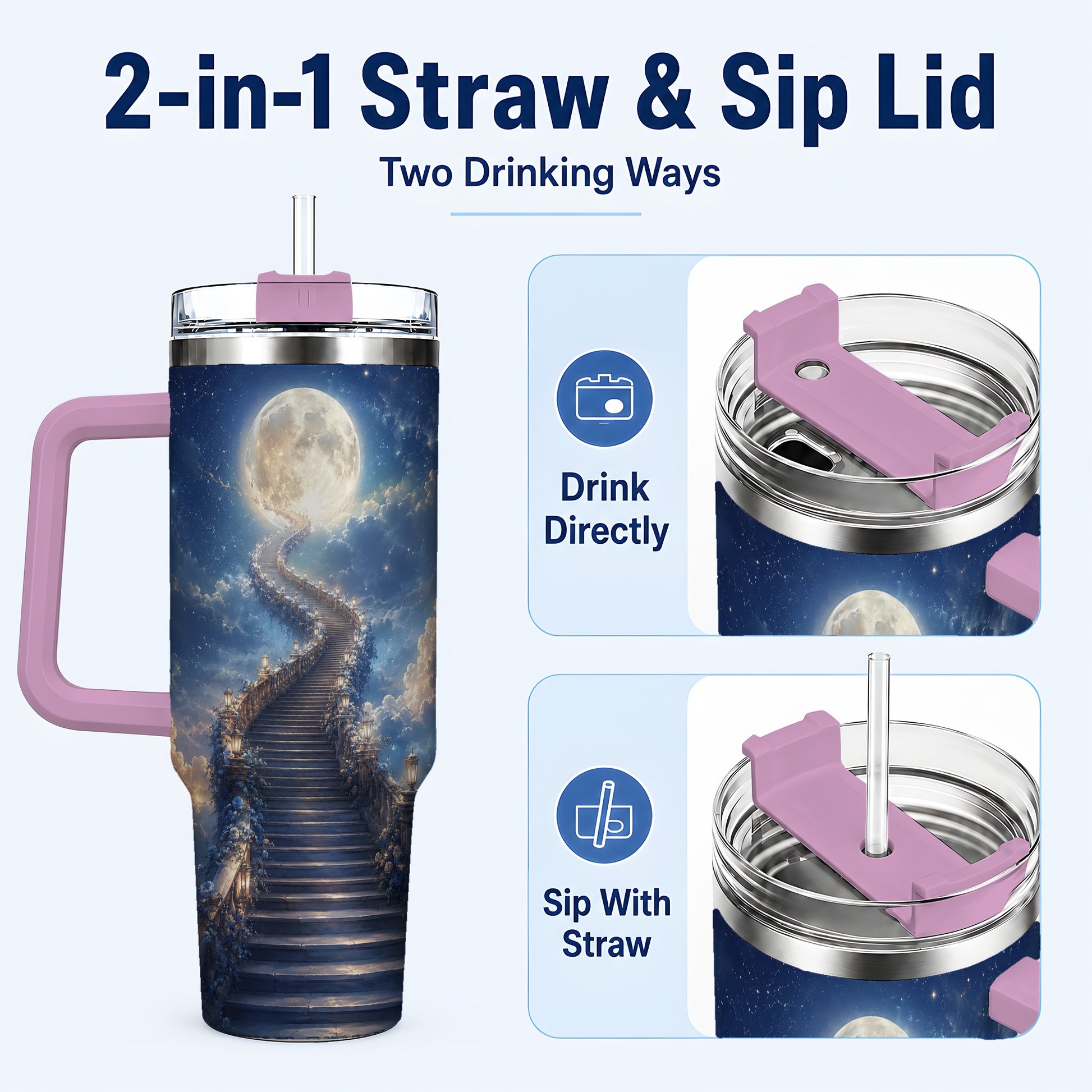 #pl[40oz|Pink] Moon Stairway 40oz Tumbler with Handle, Celestial Dreamscape Art