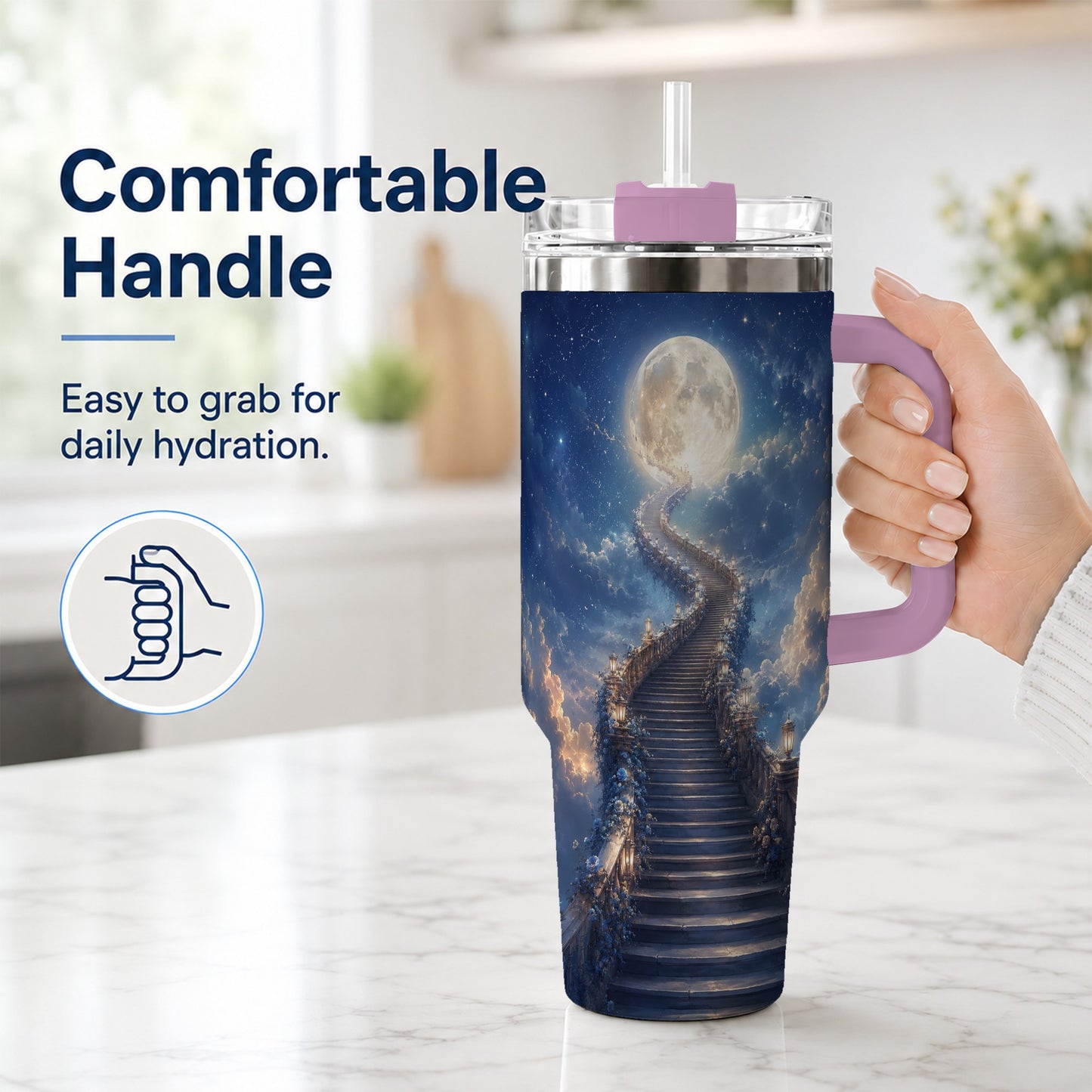 #pl[40oz|Pink] Moon Stairway 40oz Tumbler with Handle, Celestial Dreamscape Art