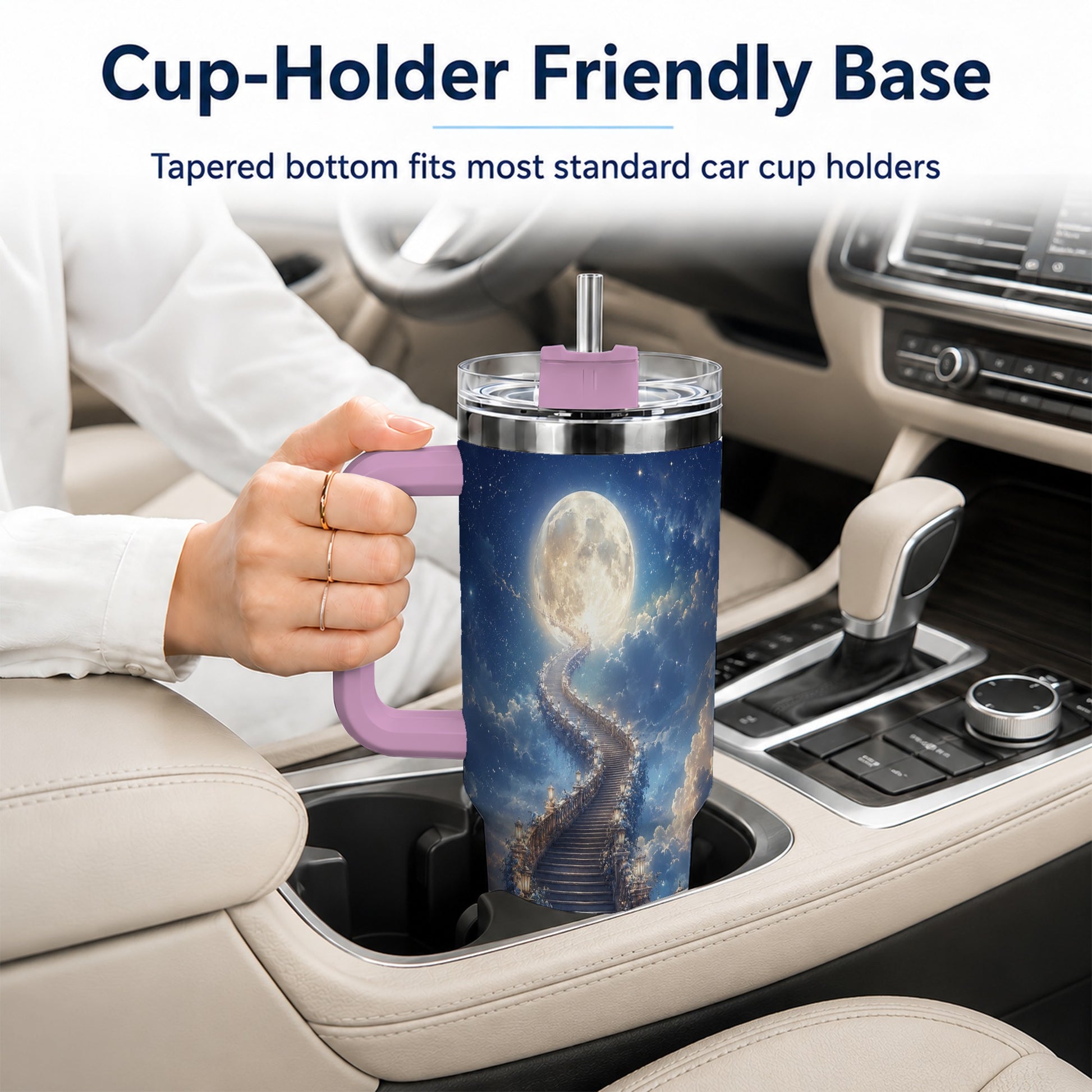 #pl[40oz|Pink] Moon Stairway 40oz Tumbler with Handle, Celestial Dreamscape Art