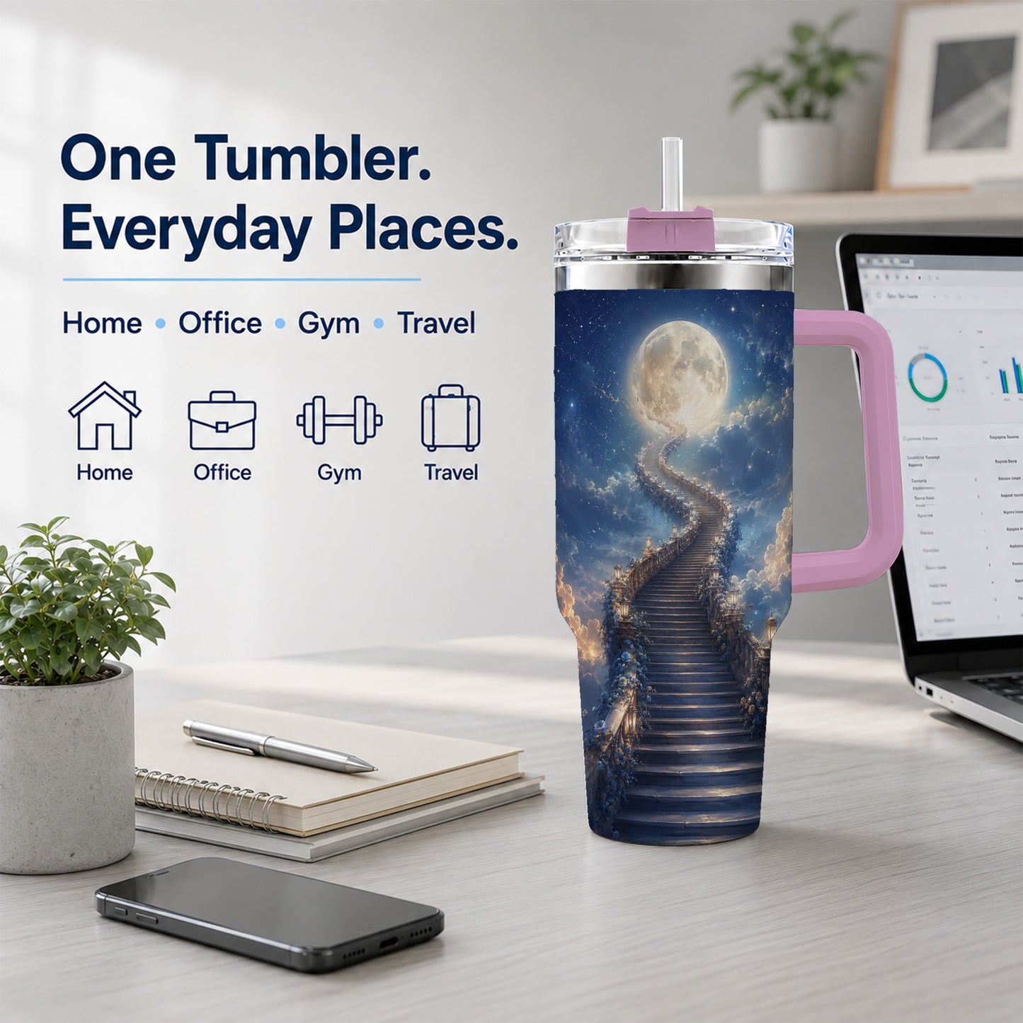 #pl[40oz|Pink] Moon Stairway 40oz Tumbler with Handle, Celestial Dreamscape Art