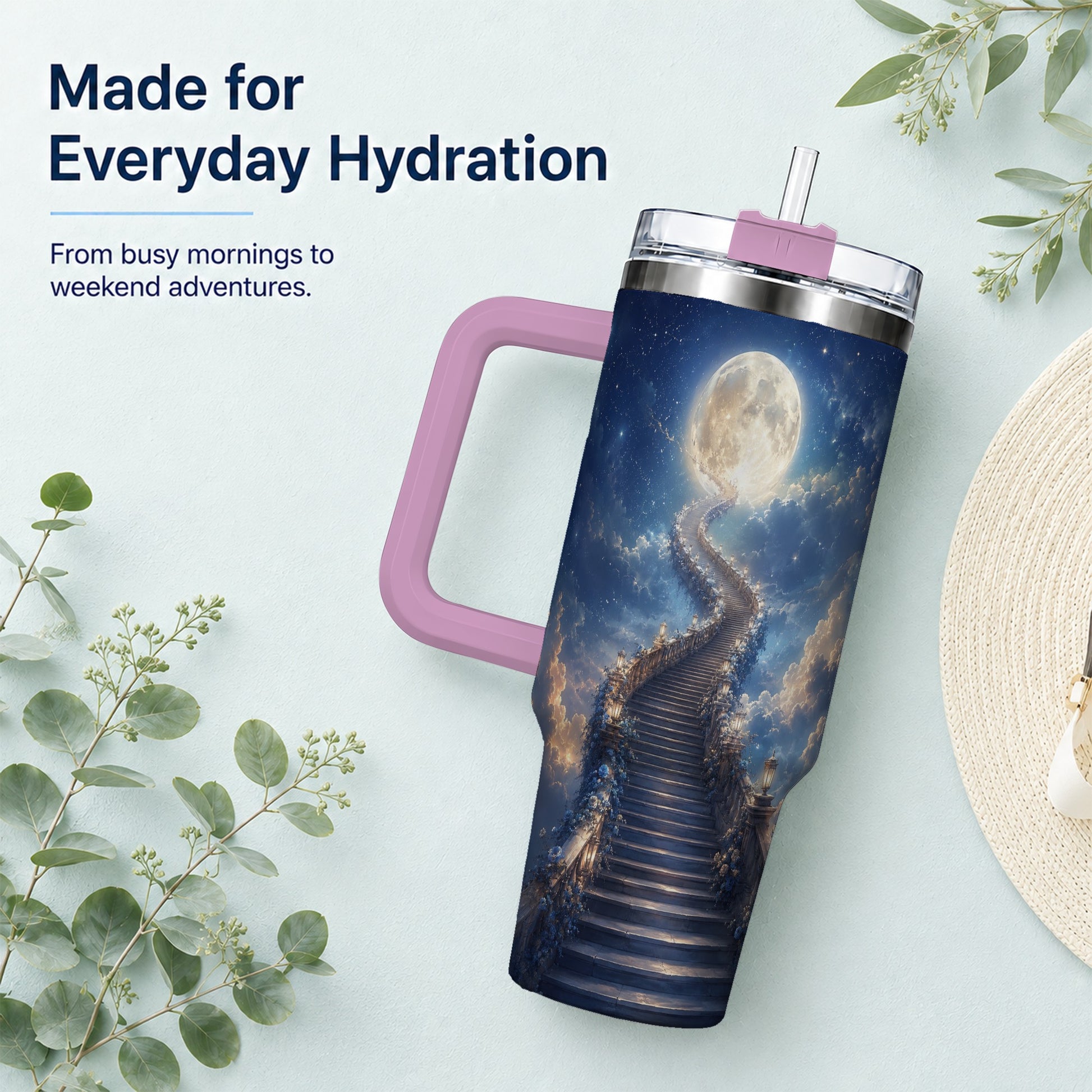 #pl[40oz|Pink] Moon Stairway 40oz Tumbler with Handle, Celestial Dreamscape Art