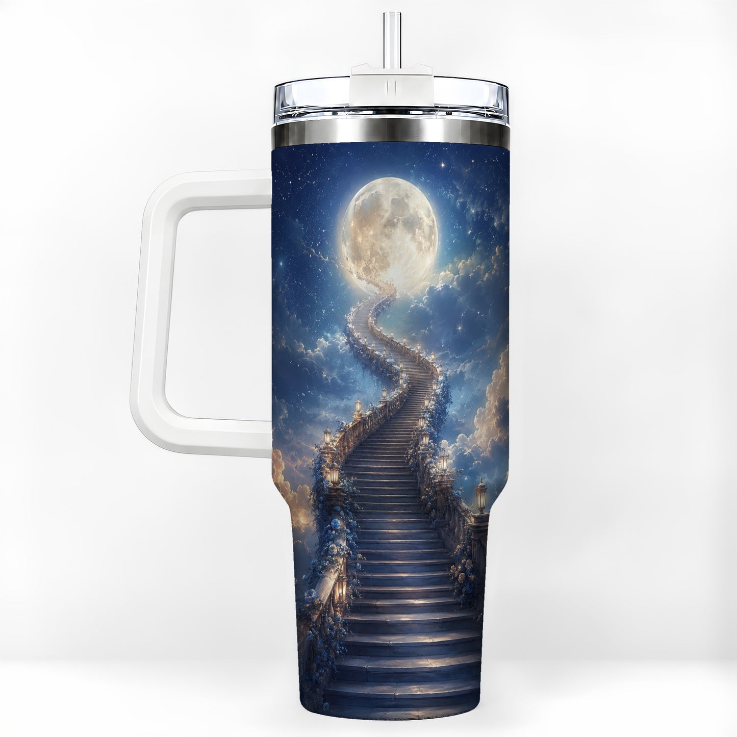 Moon Stairway 40oz Tumbler with Handle, Celestial Dreamscape Art
