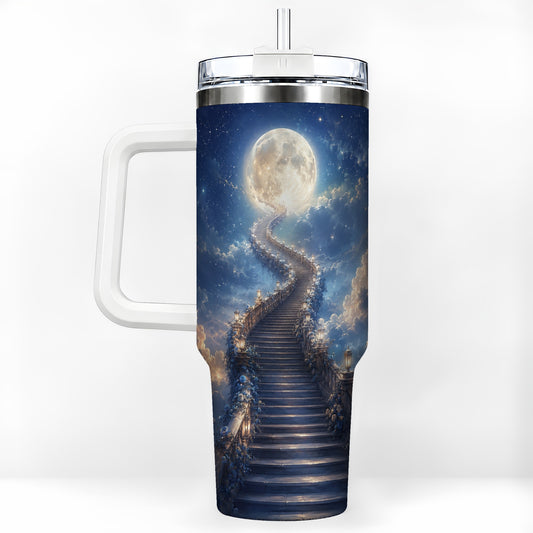 Moon Stairway 40oz Tumbler with Handle, Celestial Dreamscape Art
