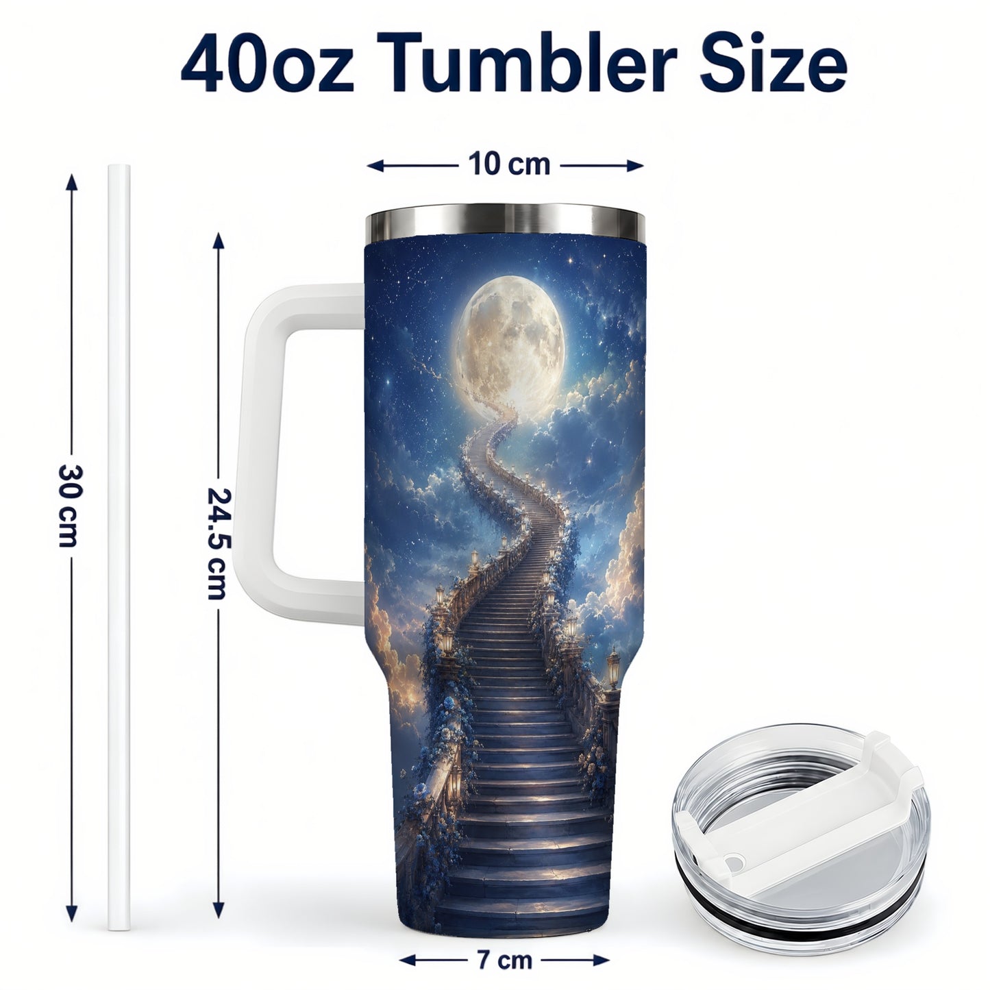#pl[40oz|White] Moon Stairway 40oz Tumbler with Handle, Celestial Dreamscape Art